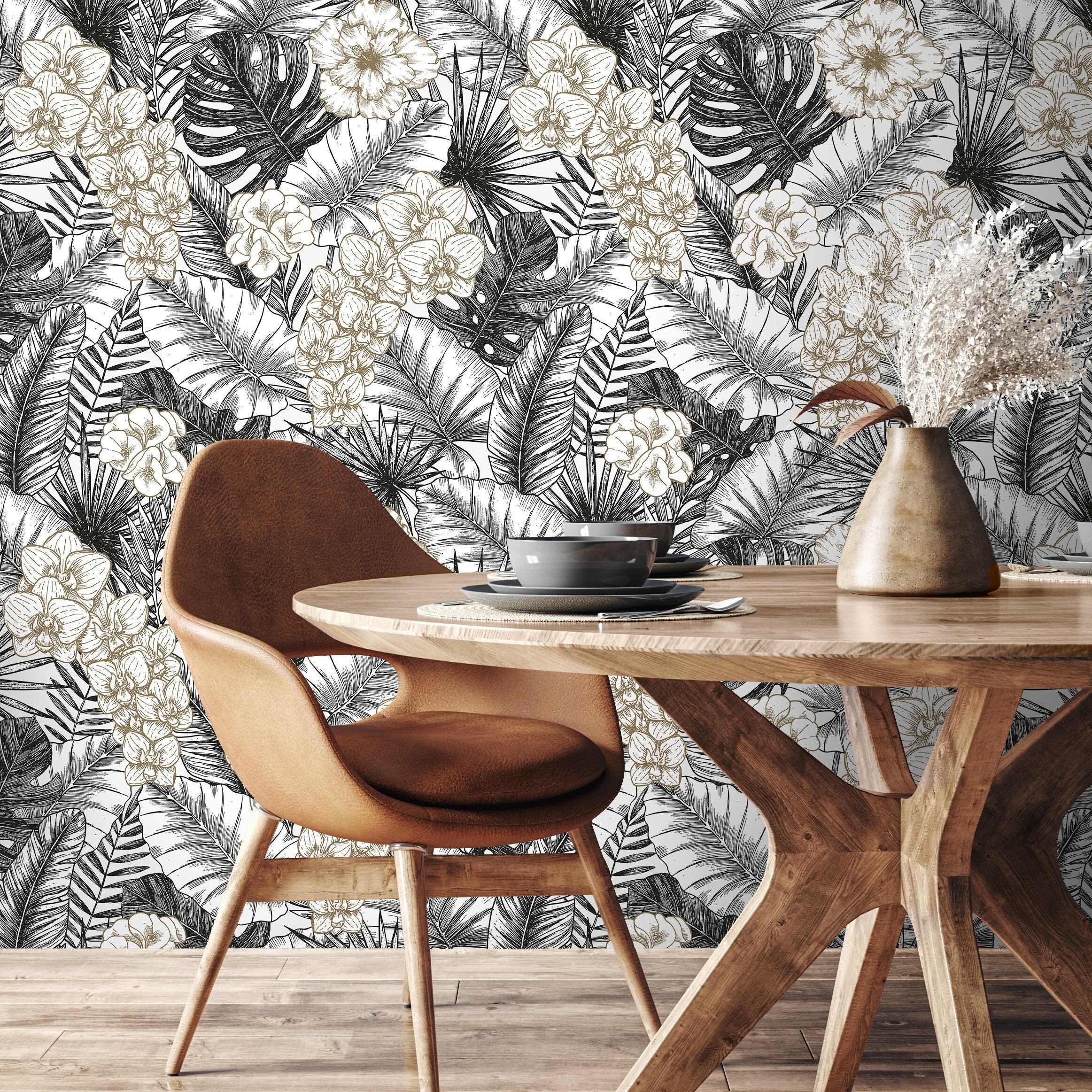 Tropical Wallpaper With Engraved Leaves And Flowers In Black And Gold - A446