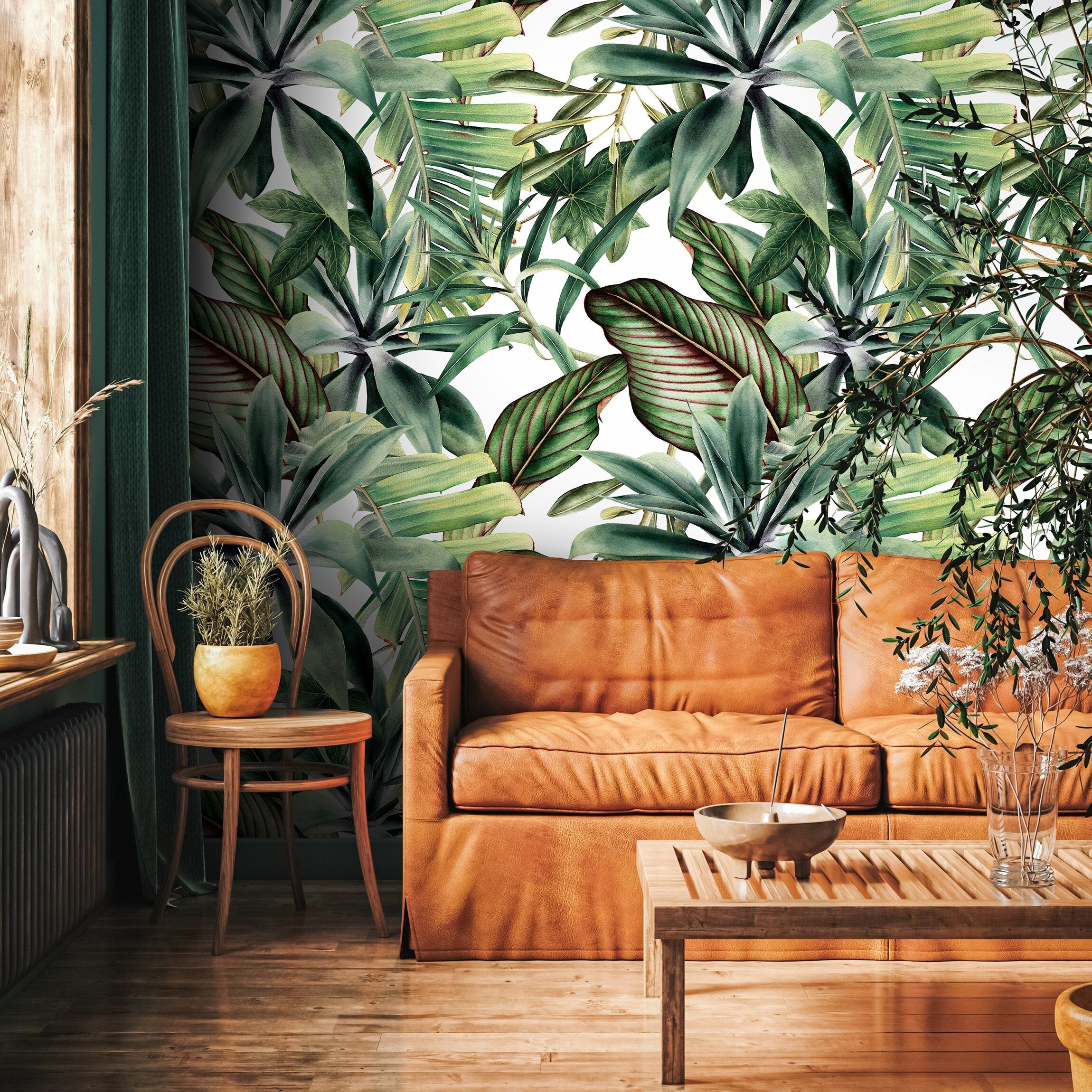 Botanical Wallpaper Featuring A Lush Tropical Canopy In Green And Red - A450