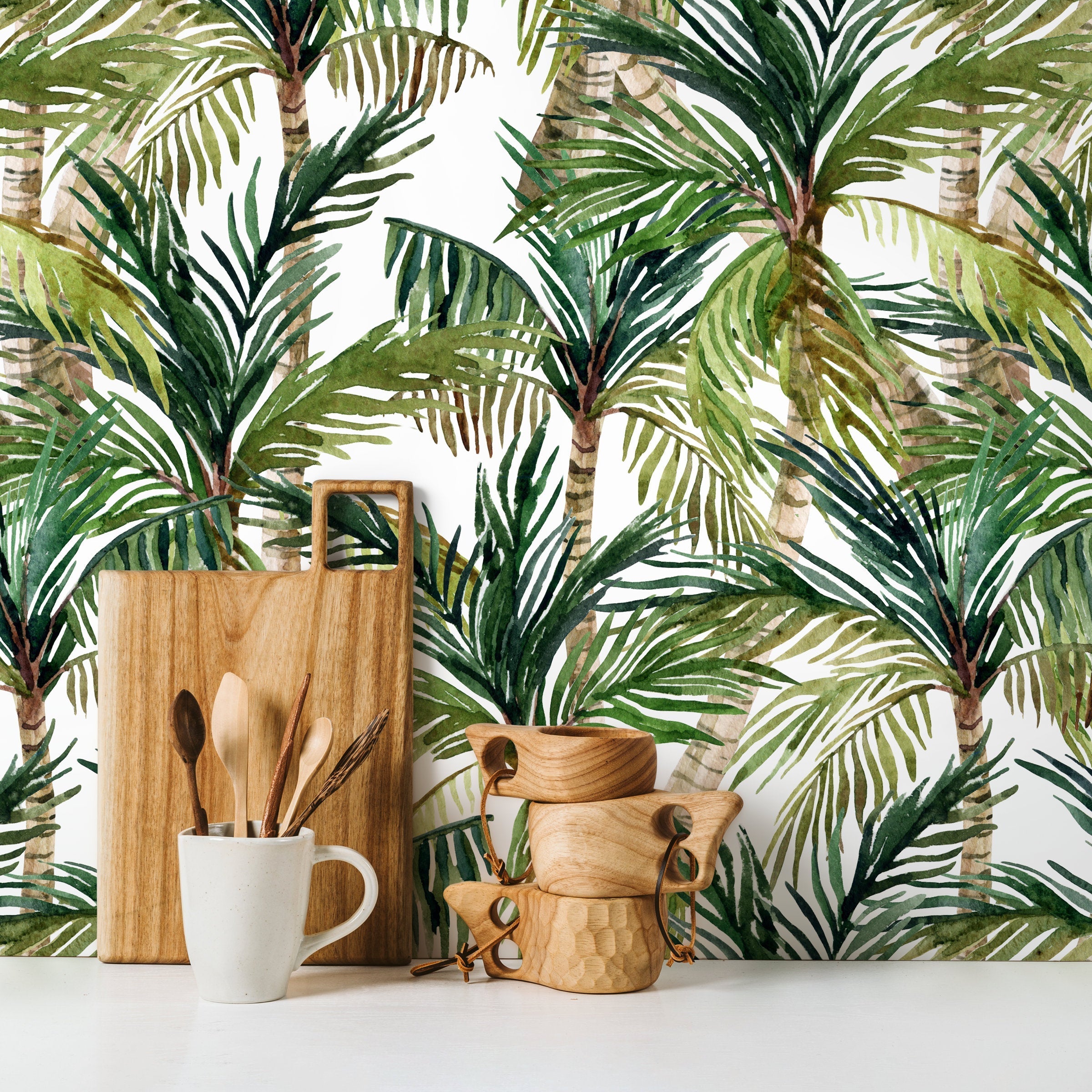 Tropical Wallpaper With A Watercolor Palm Tree Motif In Green And Brown - A459