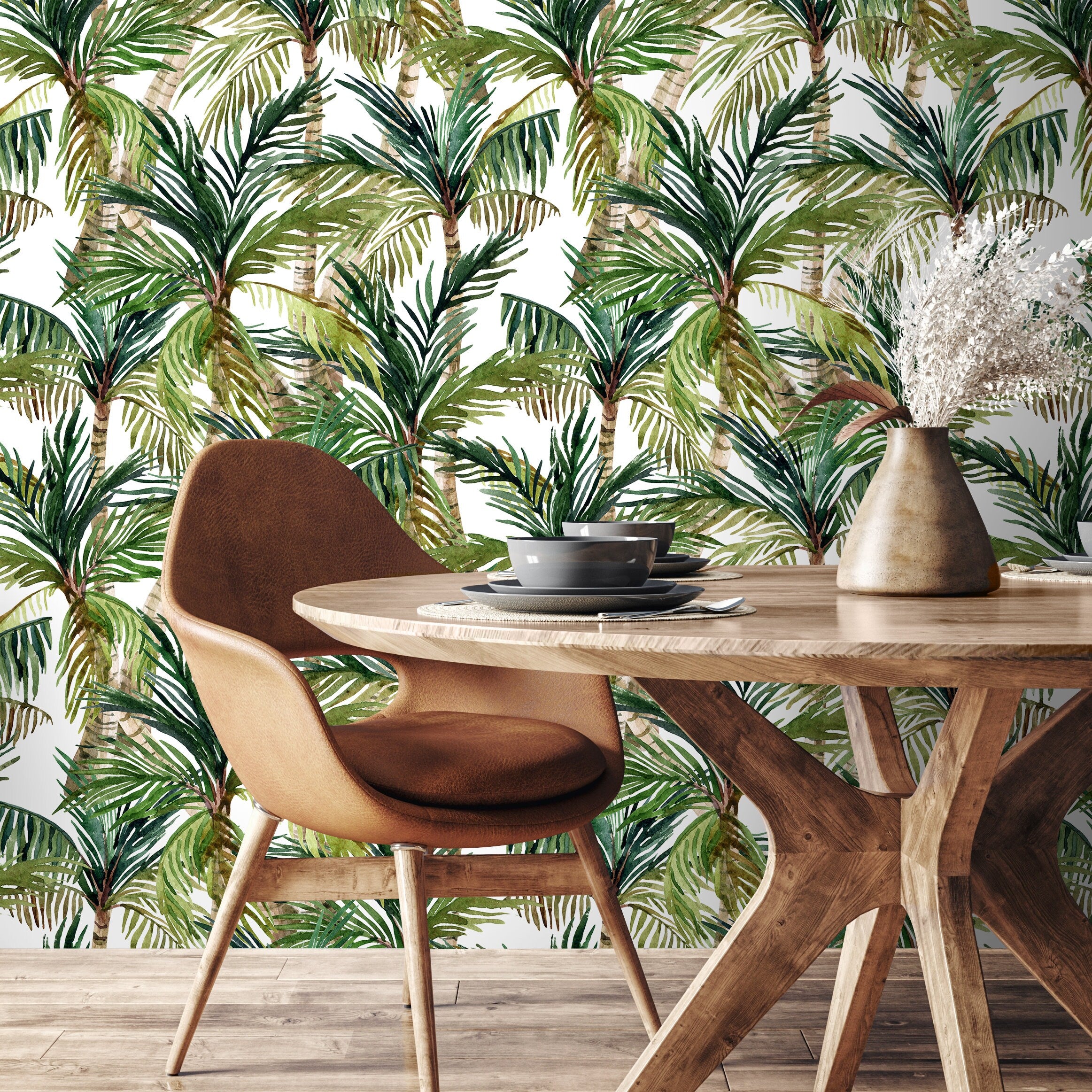 Tropical Wallpaper With A Watercolor Palm Tree Motif In Green And Brown - A459