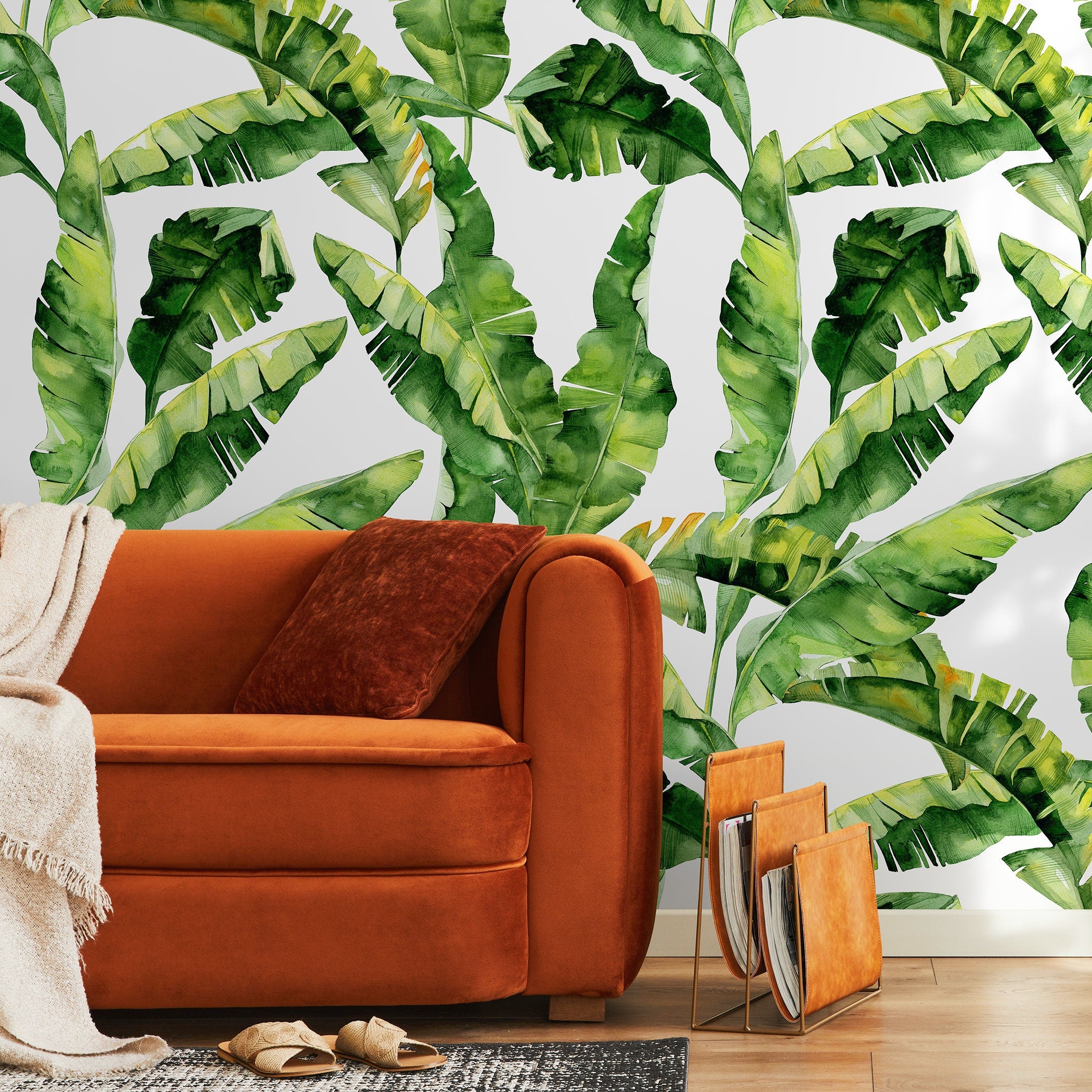 Tropical Wallpaper With A Banana Leaf Motif In Green And Yellow - A466