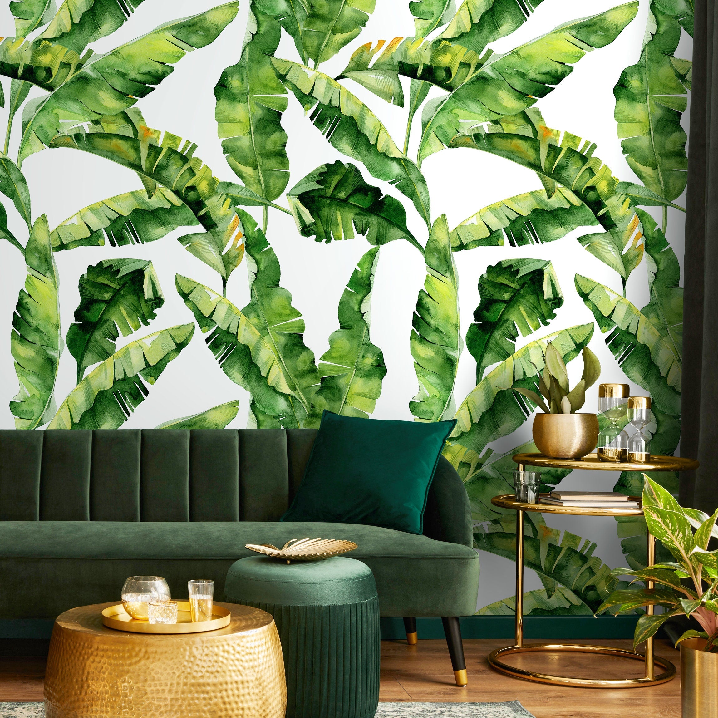 Tropical Wallpaper With A Banana Leaf Motif In Green And Yellow - A466