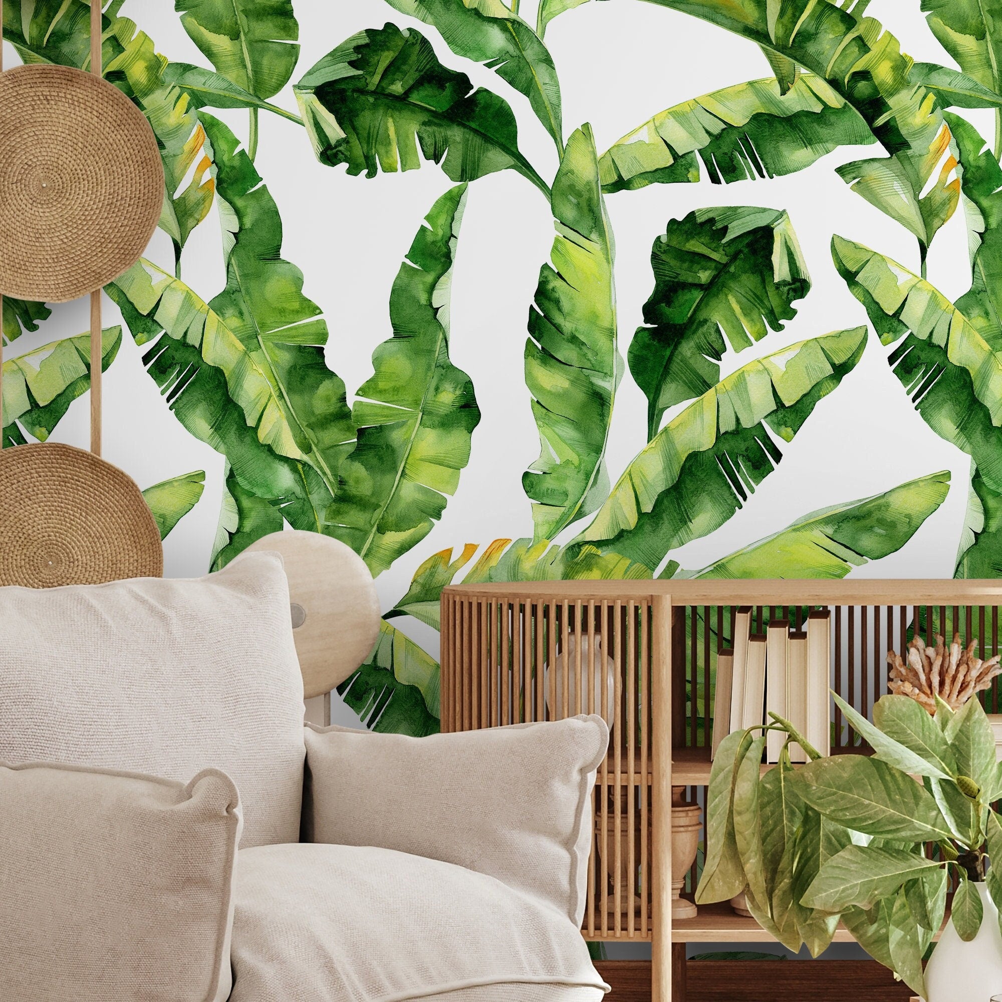 Tropical Wallpaper With A Banana Leaf Motif In Green And Yellow - A466