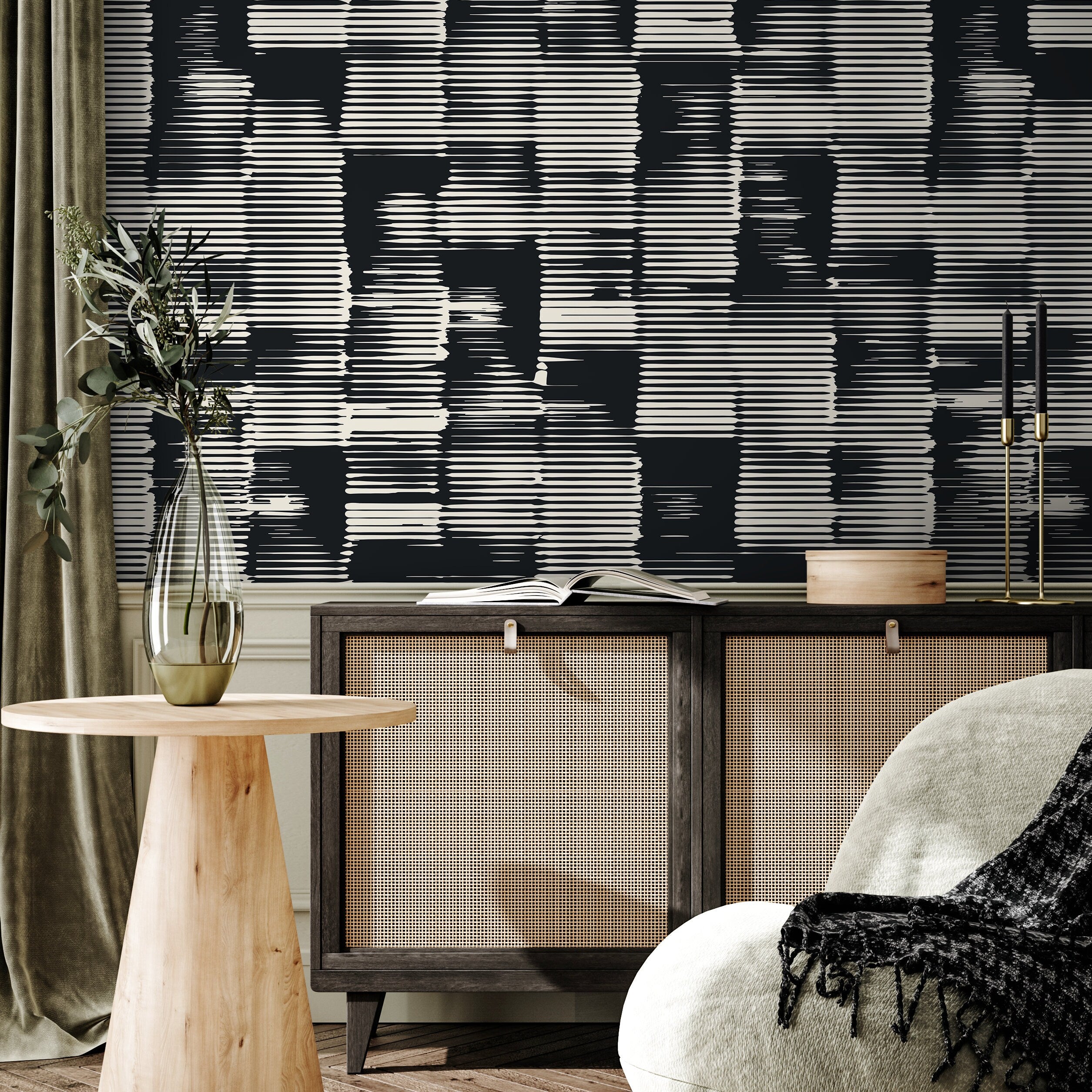 Abstract Wallpaper With Distorted Lines In Black And Cream - A468