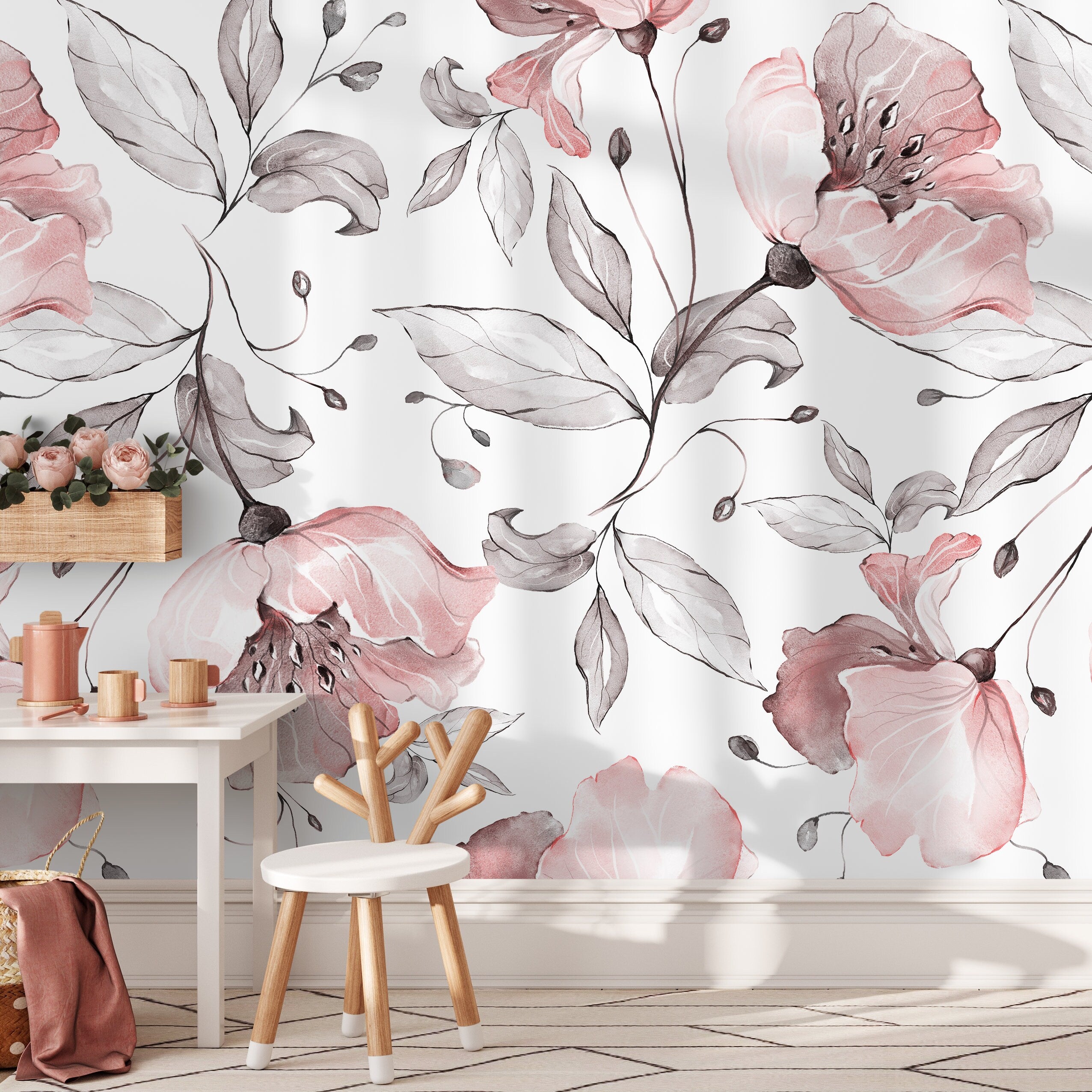 Floral Wallpaper With Elegant Watercolor Blooms In Pink And Gray - A477