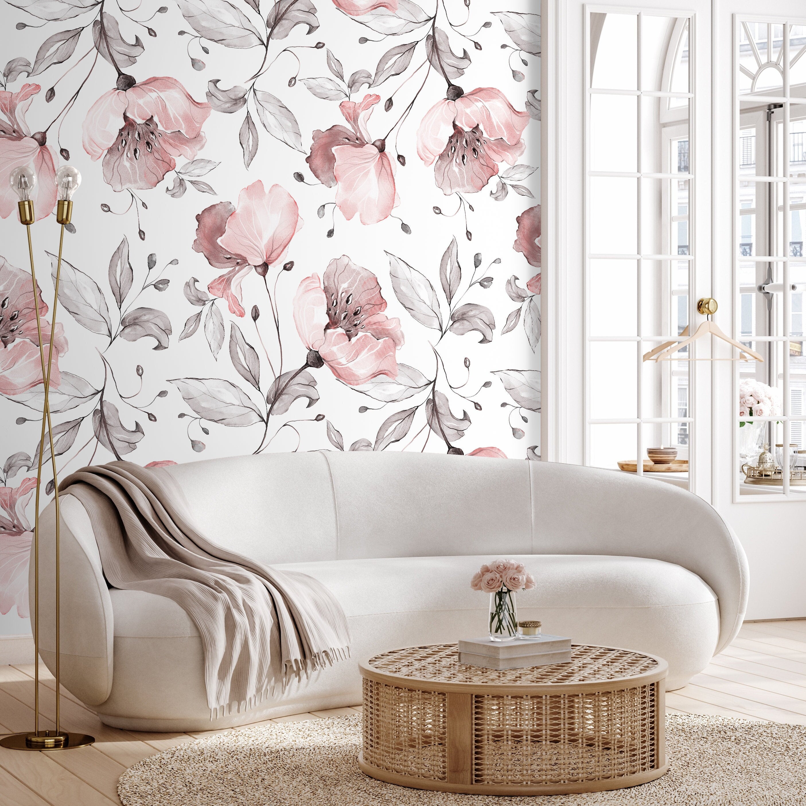 Floral Wallpaper With Elegant Watercolor Blooms In Pink And Gray - A477