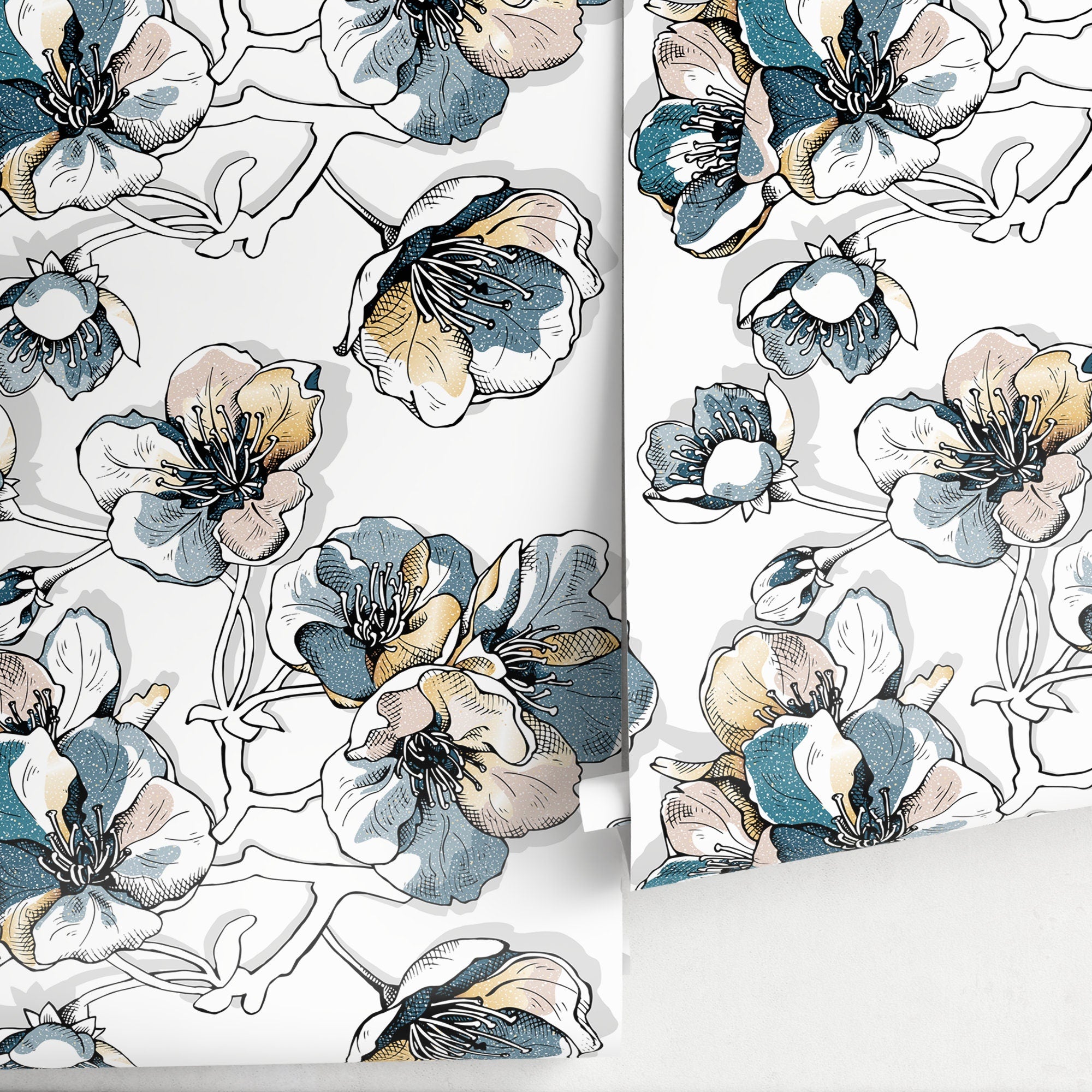 Floral Wallpaper With A Hand-drawn Sketch Motif In Blue, Yellow, And Pink - A488