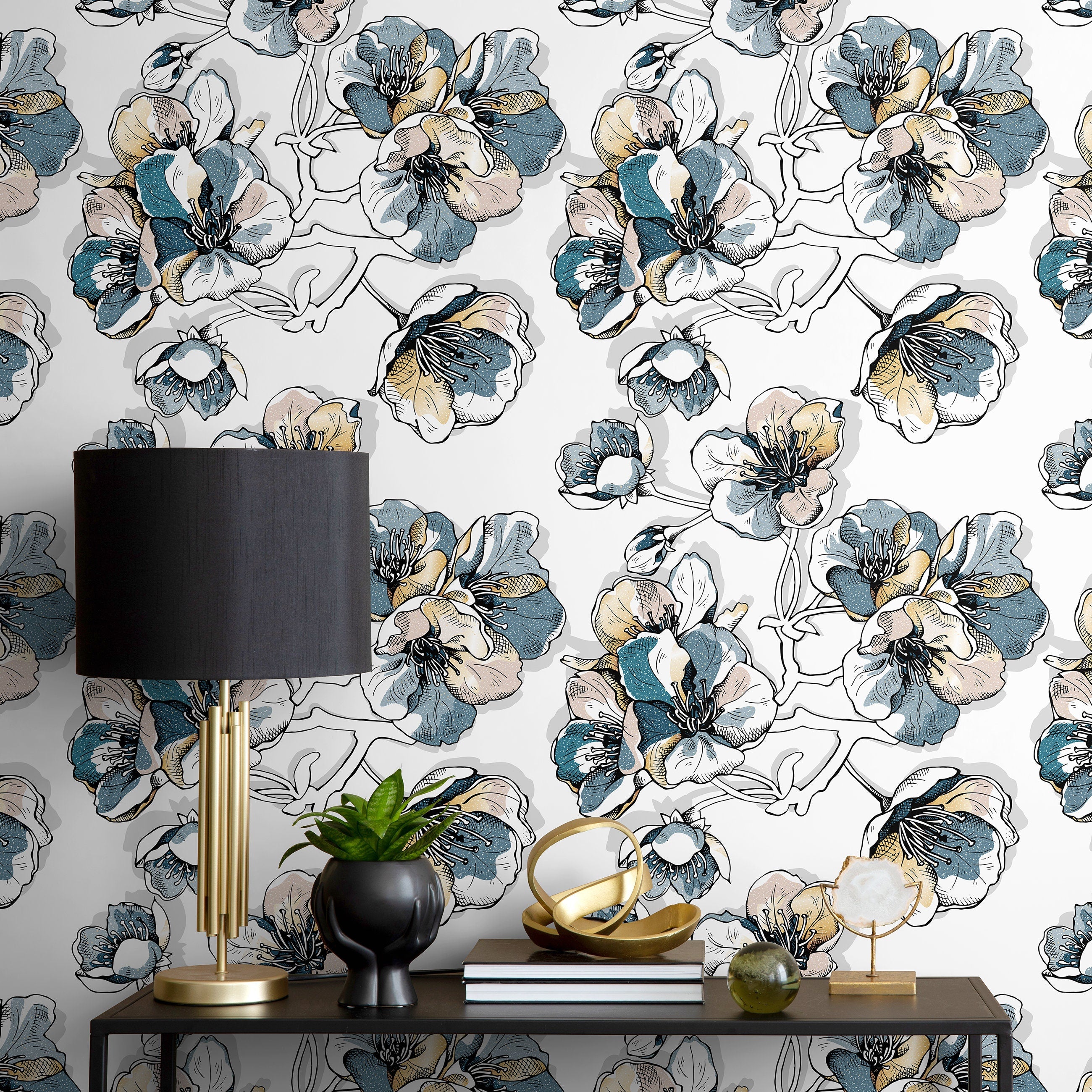 Floral Wallpaper With A Hand-drawn Sketch Motif In Blue, Yellow, And Pink - A488