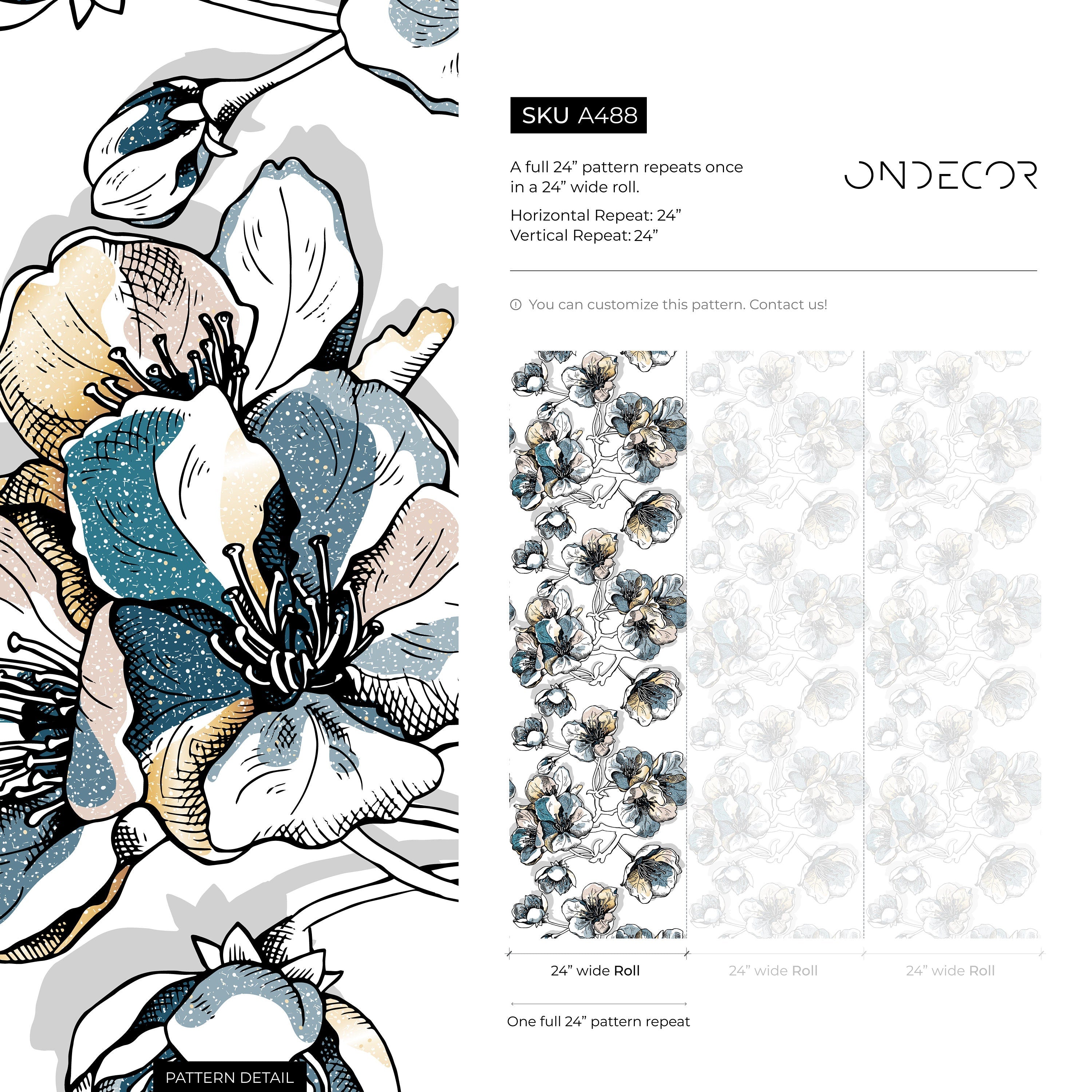 Floral Wallpaper With A Hand-drawn Sketch Motif In Blue, Yellow, And Pink - A488