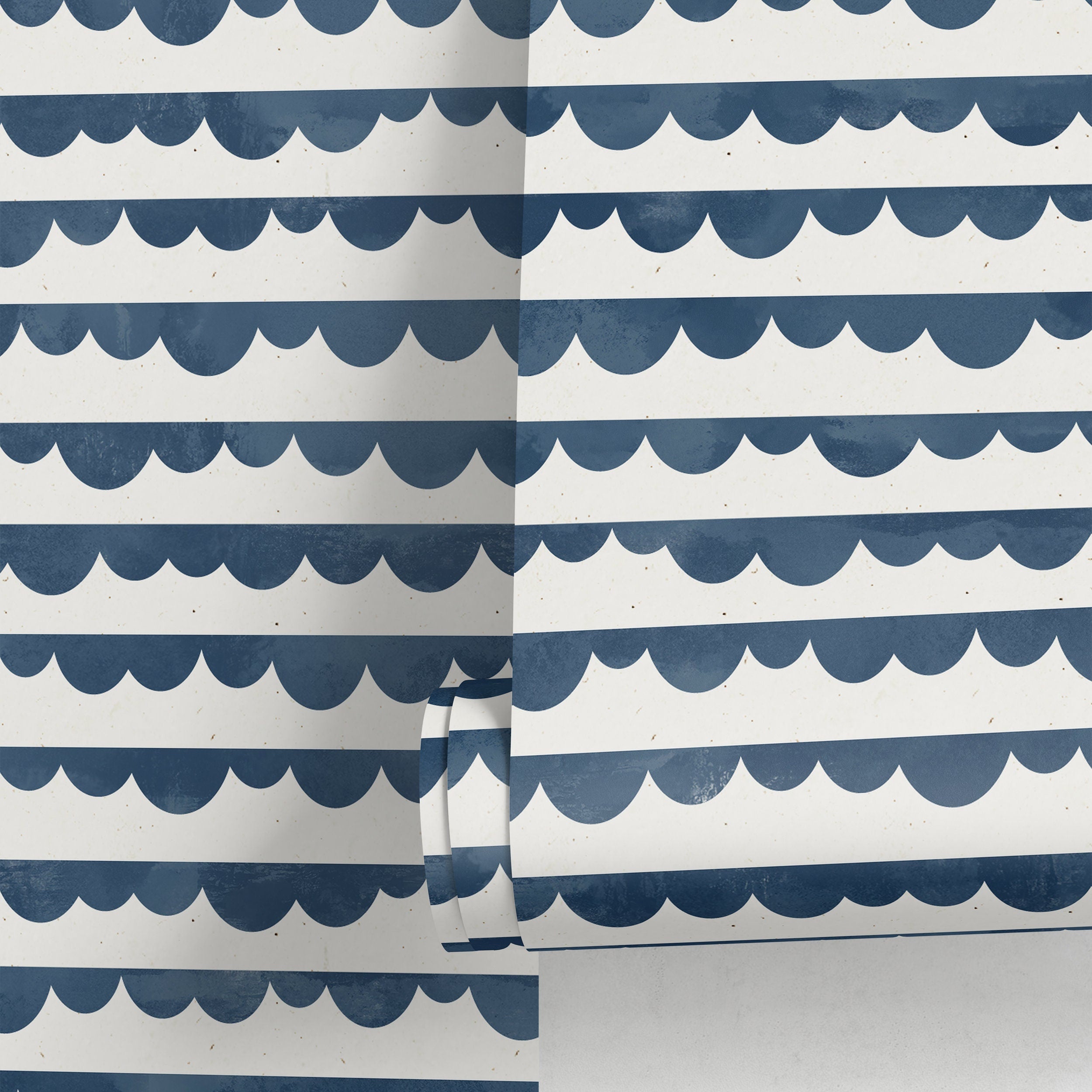 Nautical Wallpaper With A Scalloped Wave Motif In Navy Blue - A493