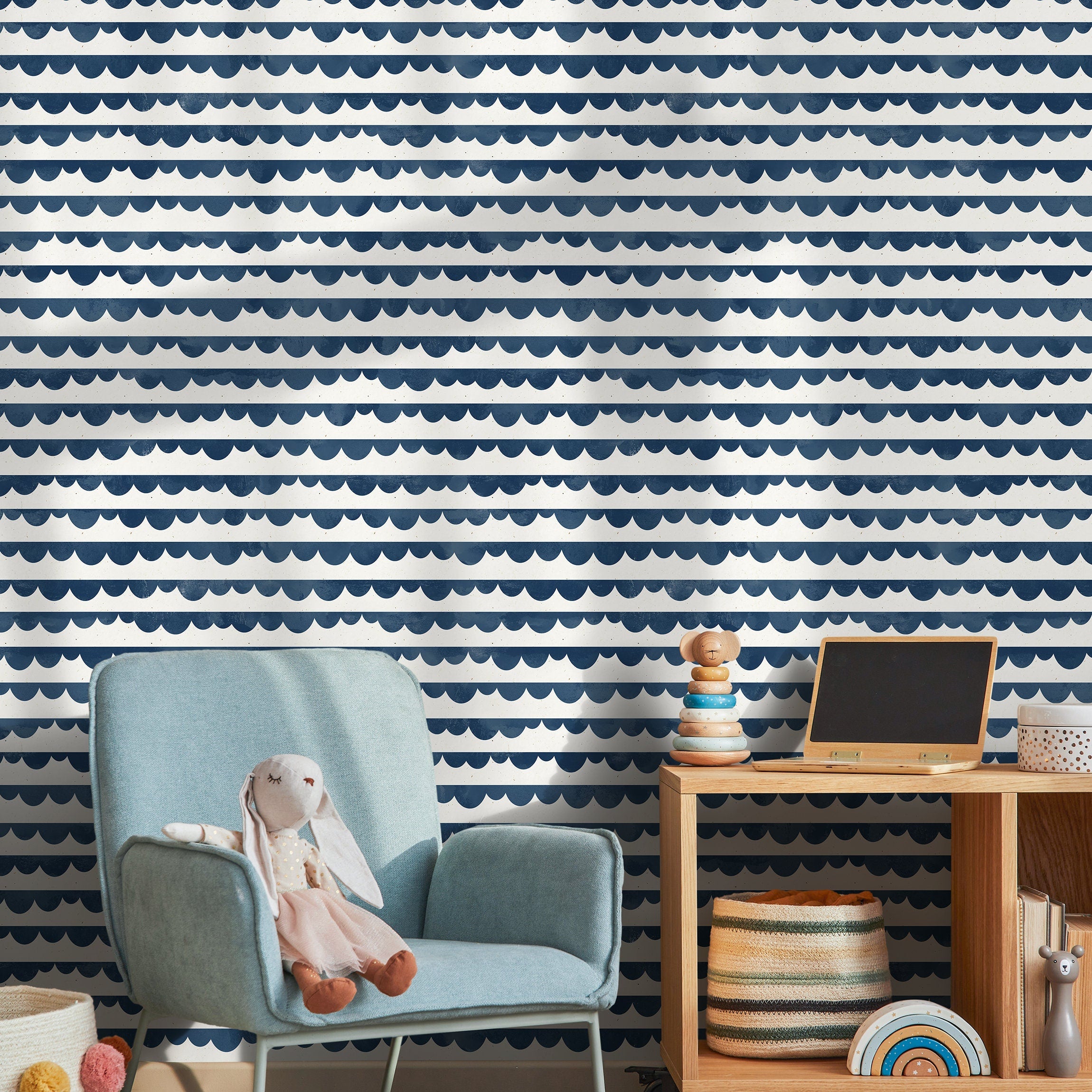 Nautical Wallpaper With A Scalloped Wave Motif In Navy Blue - A493