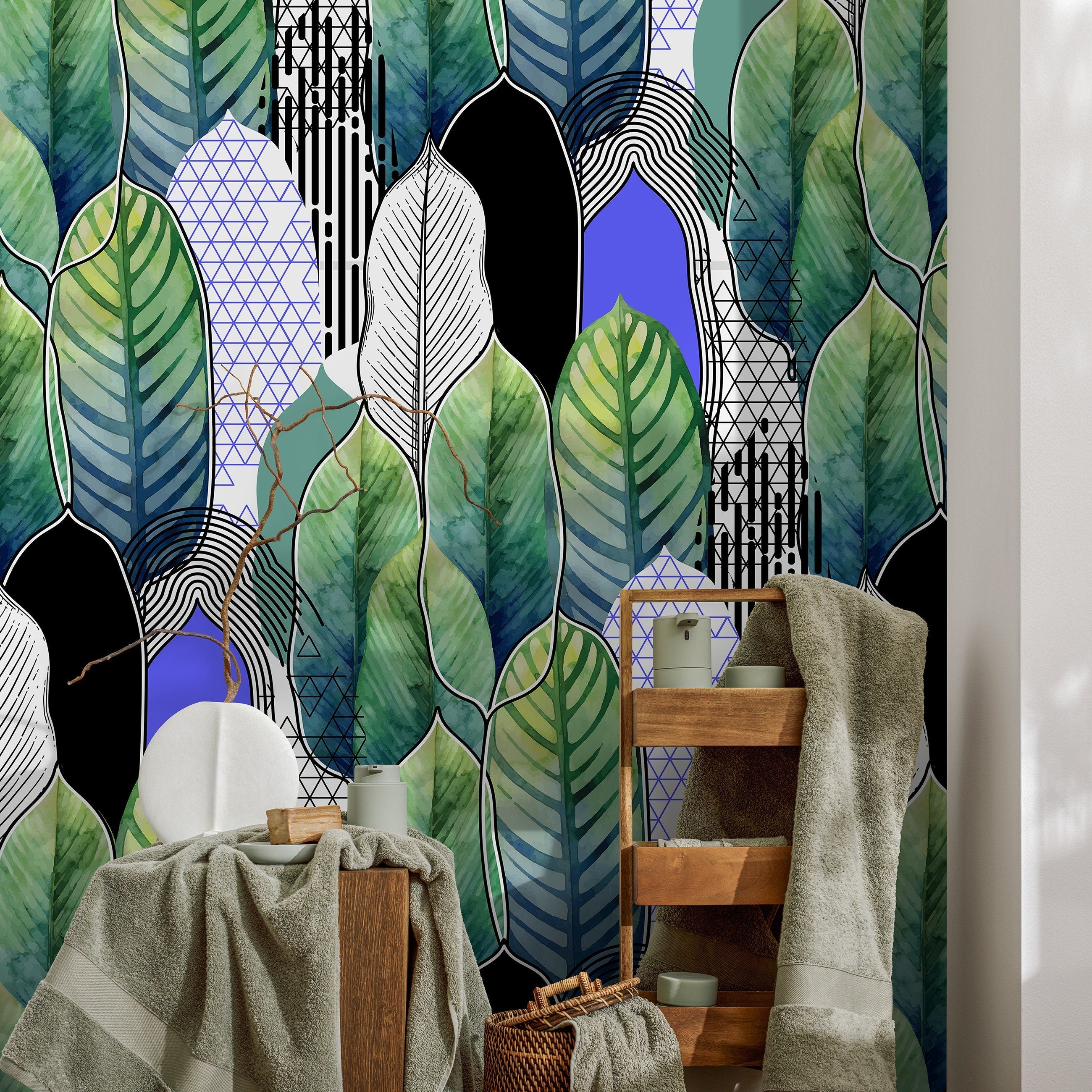 Botanical Wallpaper With Abstract And Geometric Leaves In Green, Blue, And Black - A502