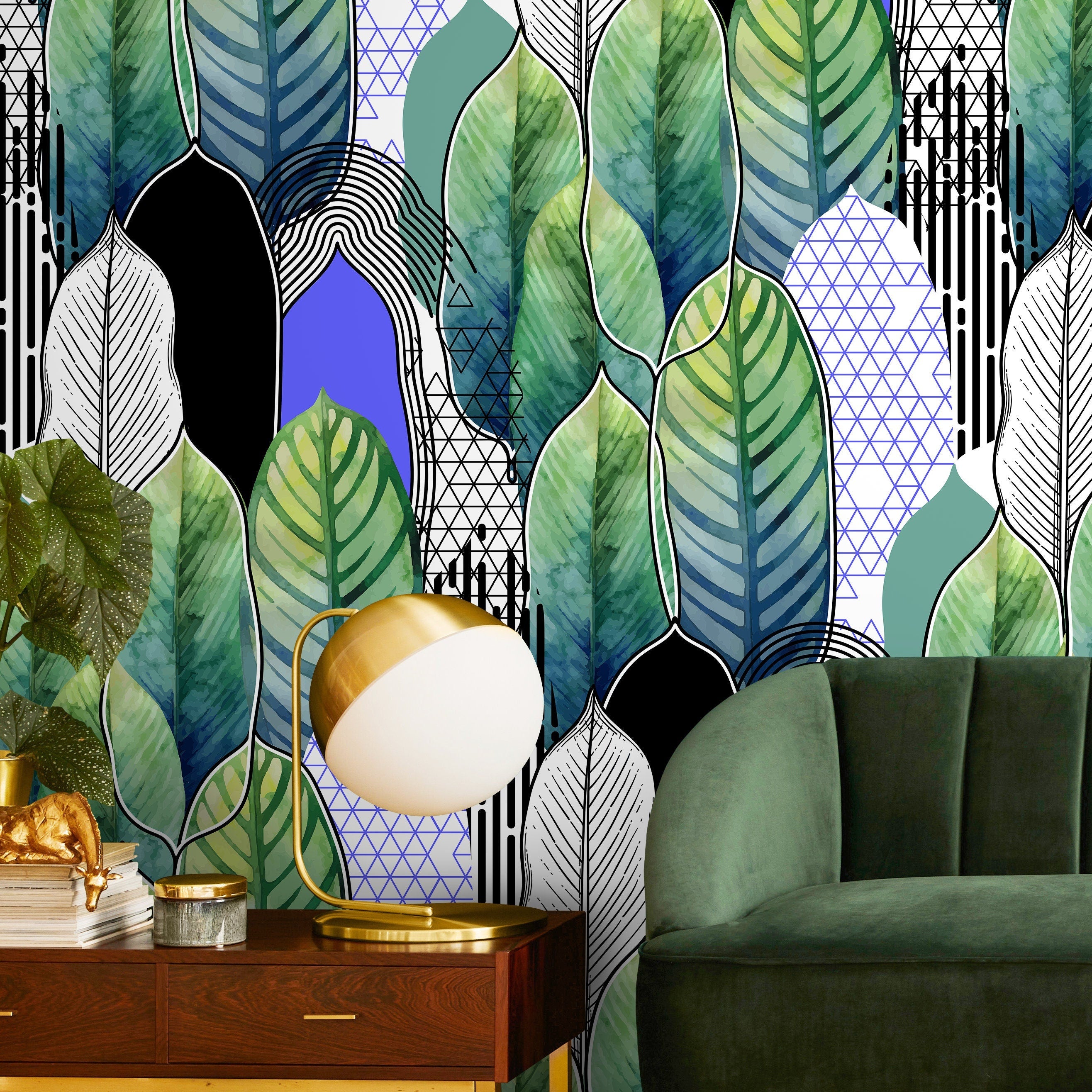 Botanical Wallpaper With Abstract And Geometric Leaves In Green, Blue, And Black - A502