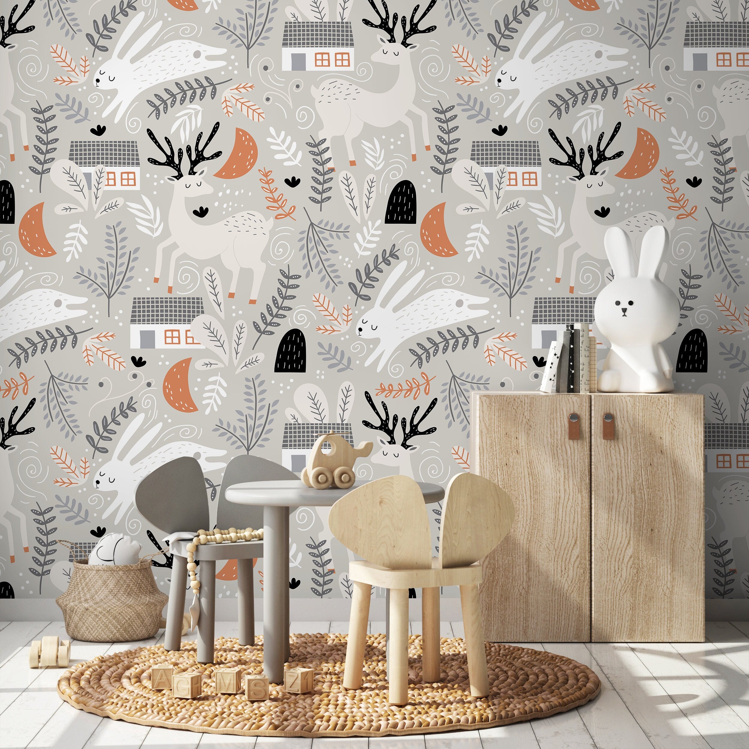 Animal Wallpaper With Deer, Rabbits, And Woodland Homes In Gray, Orange, And Black - A508
