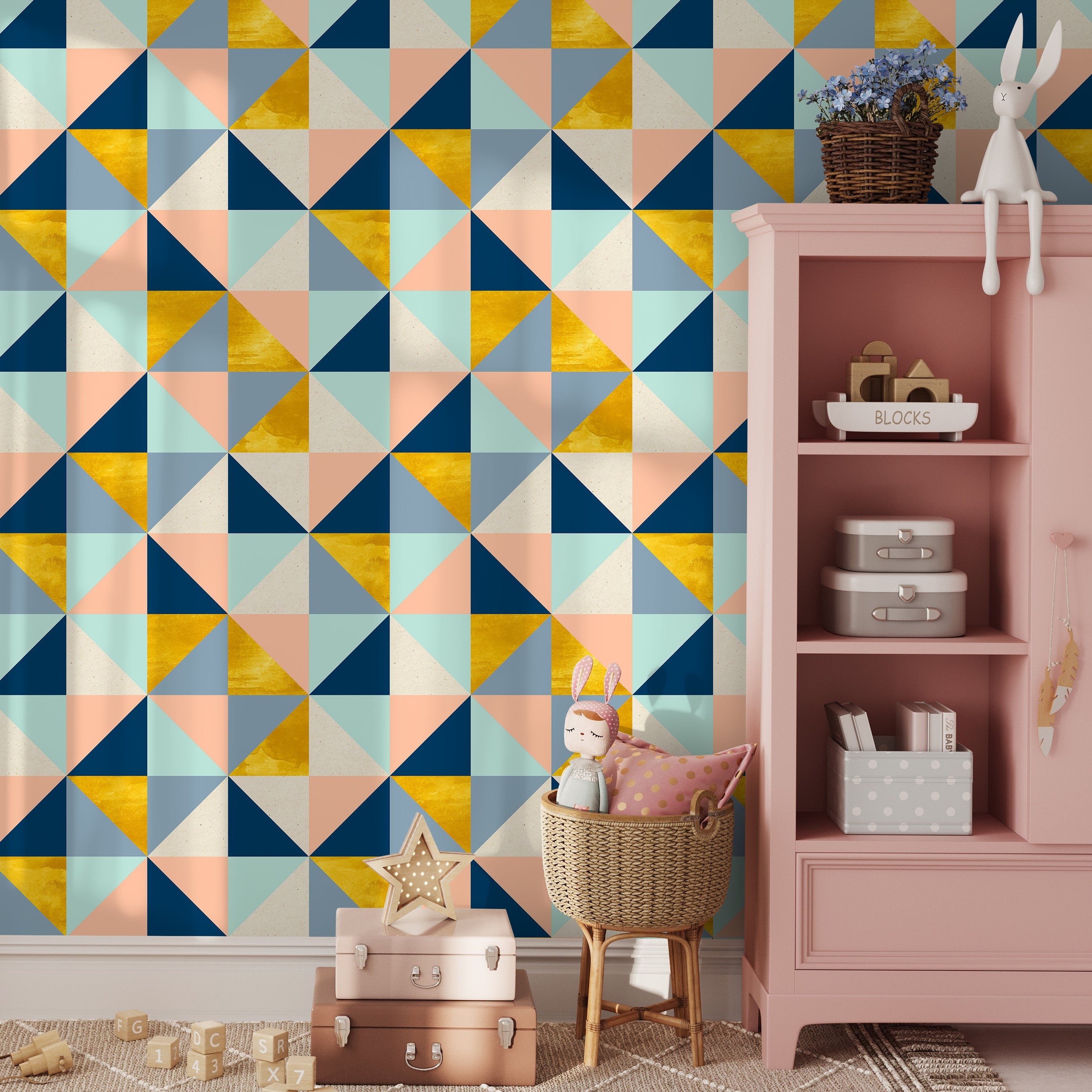 Geometric Wallpaper With A Modern Triangle Motif In Blue, Gold, And Pink - A510