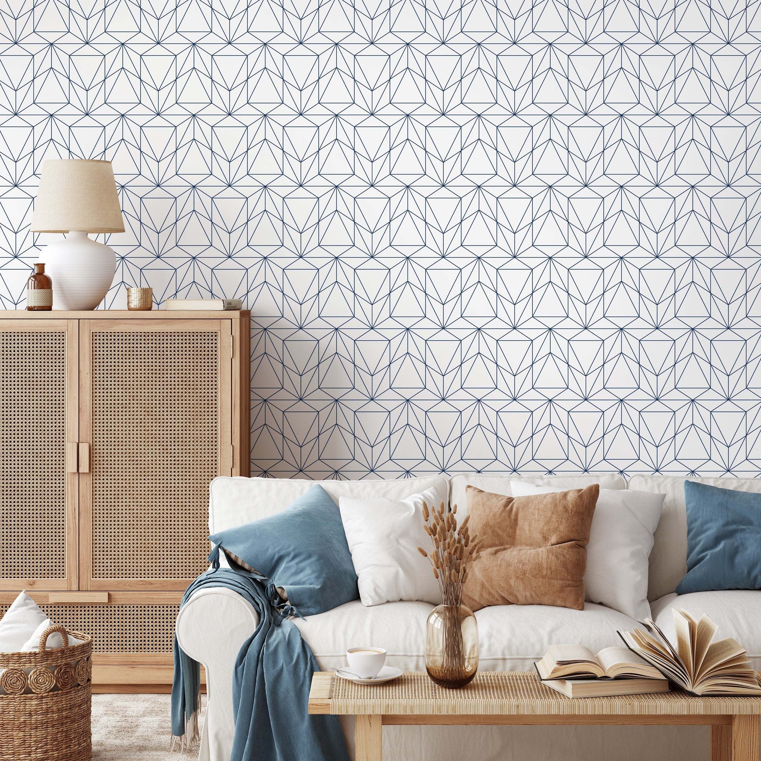 Geometric Wallpaper With A Prismatic Line Motif In Navy Blue - A511