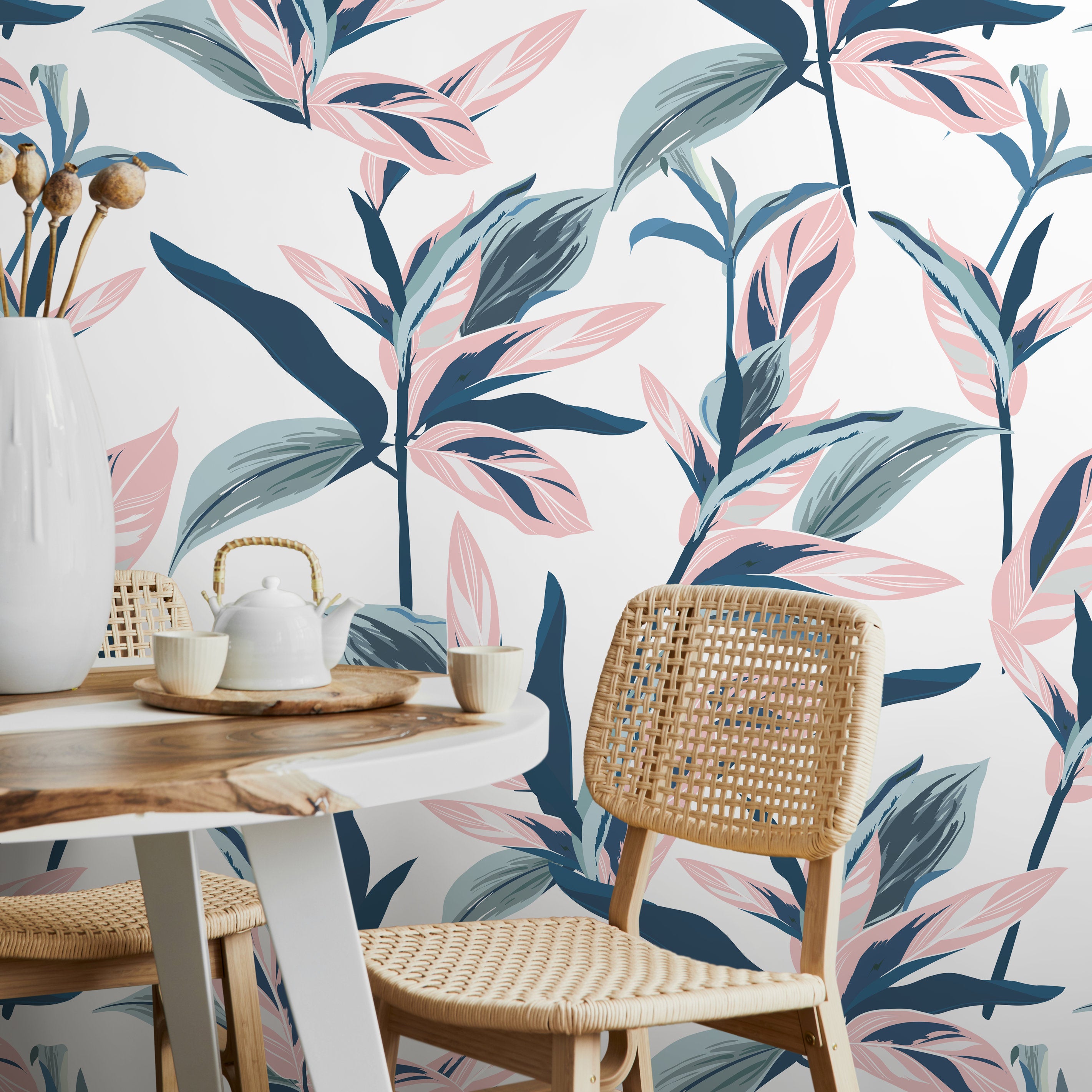 Botanical Wallpaper Featuring Stylized Tropical Leaves In Blue, Pink, And Sage - A514