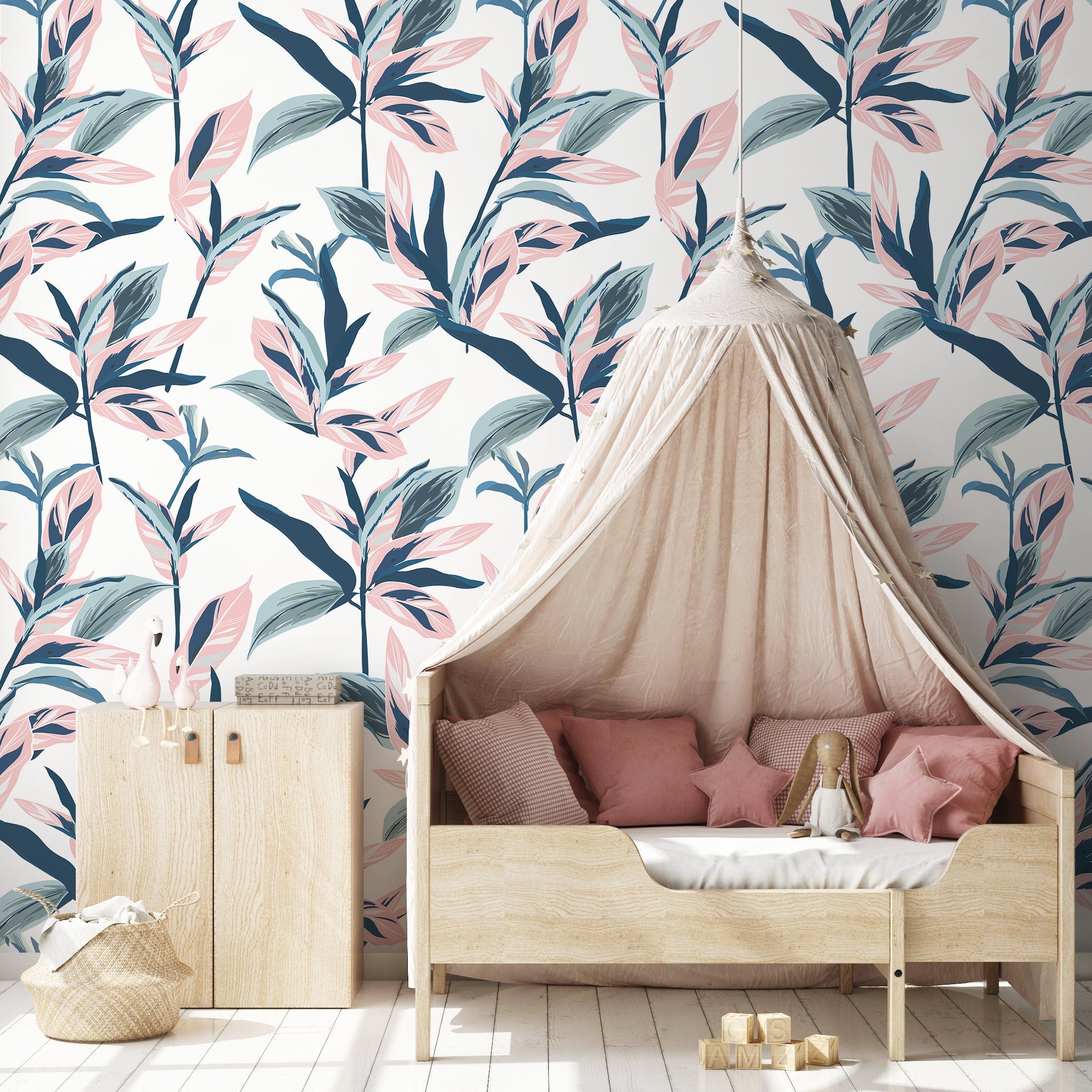 Botanical Wallpaper Featuring Stylized Tropical Leaves In Blue, Pink, And Sage - A514