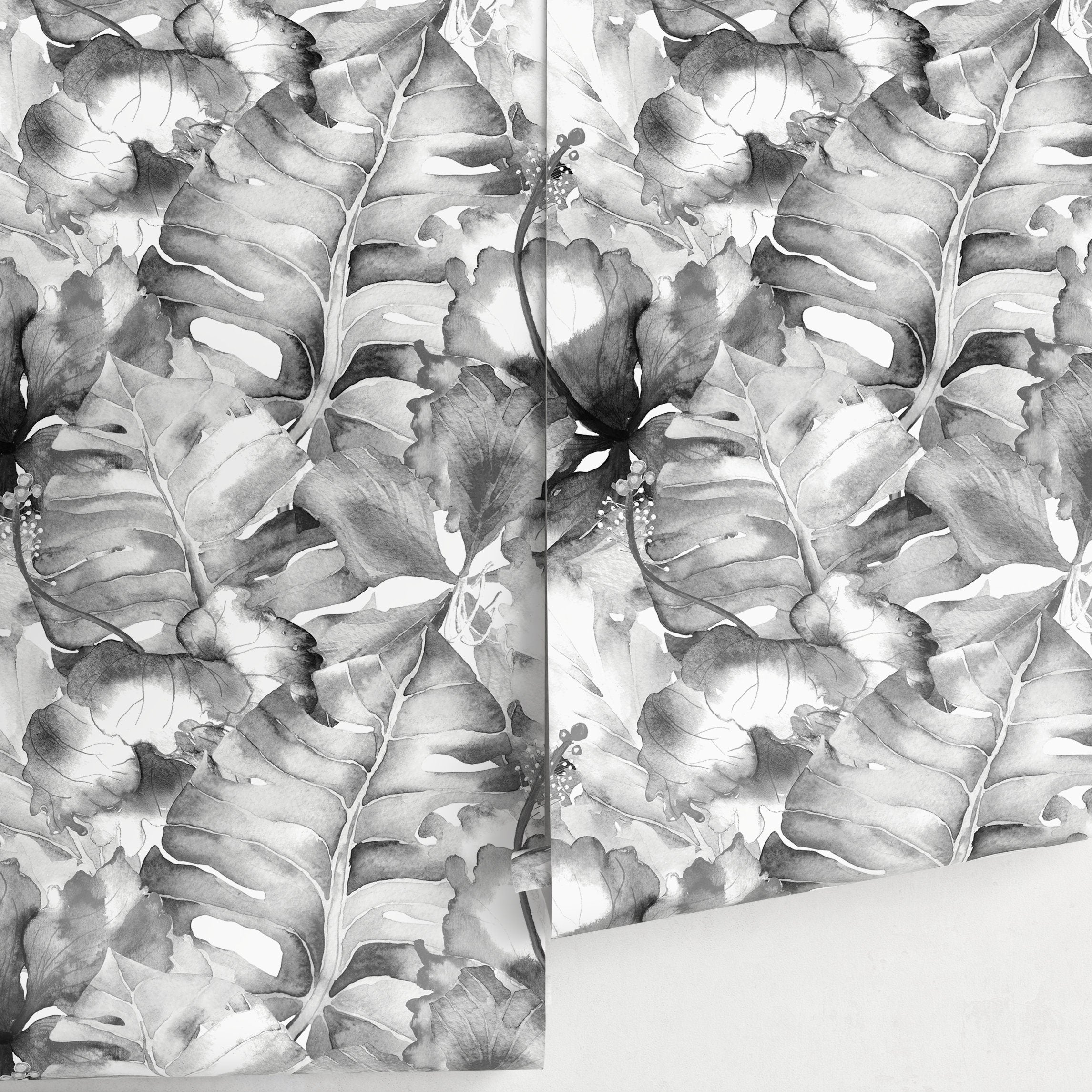 Botanical Wallpaper With Lush Watercolor Leaves In Black And Gray - A515