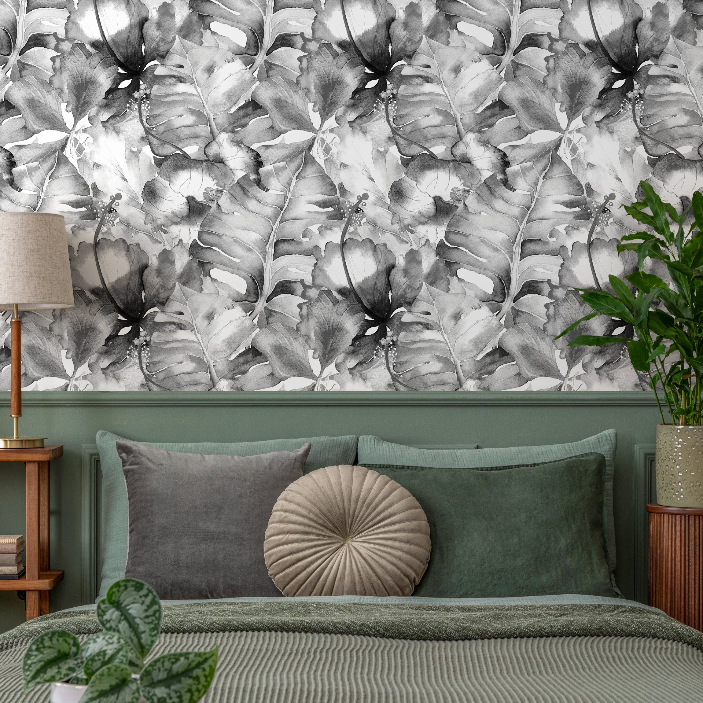 Botanical Wallpaper With Lush Watercolor Leaves In Black And Gray - A515