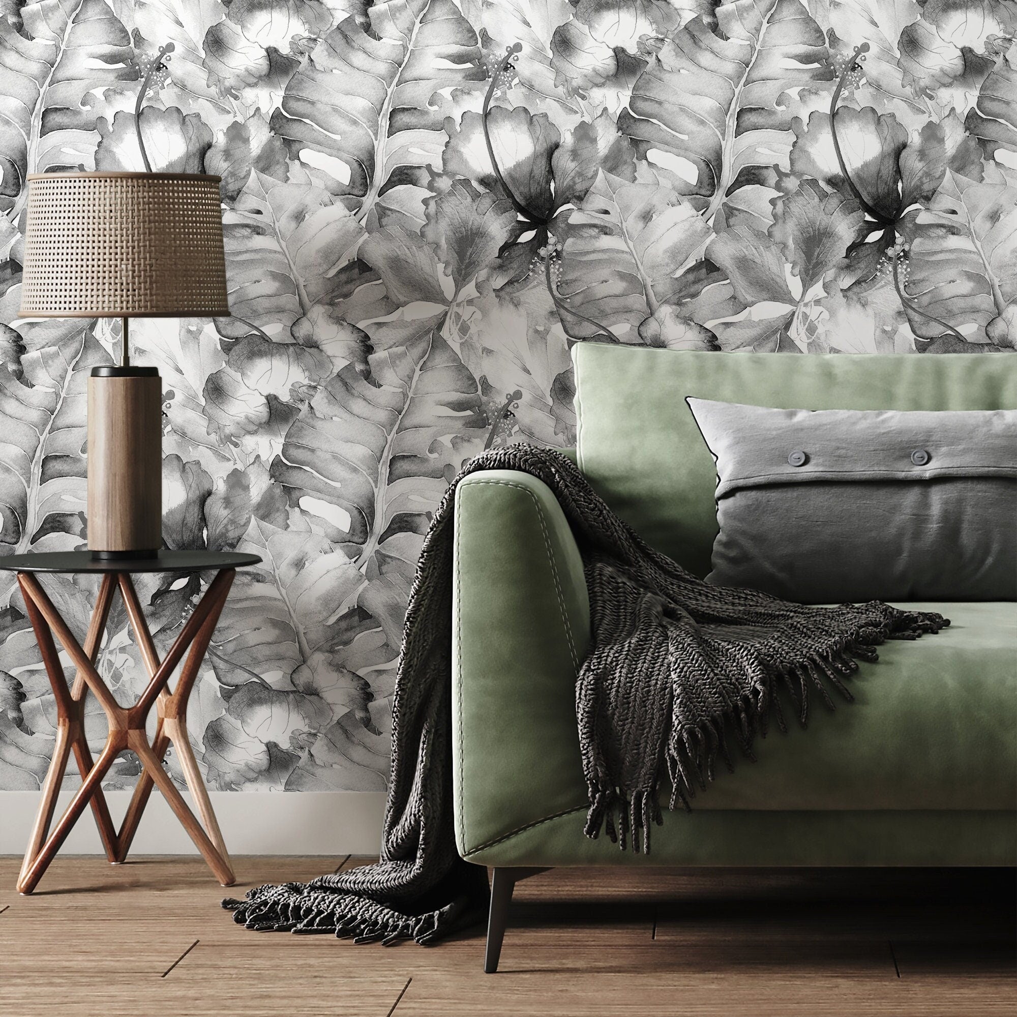 Botanical Wallpaper With Lush Watercolor Leaves In Black And Gray - A515