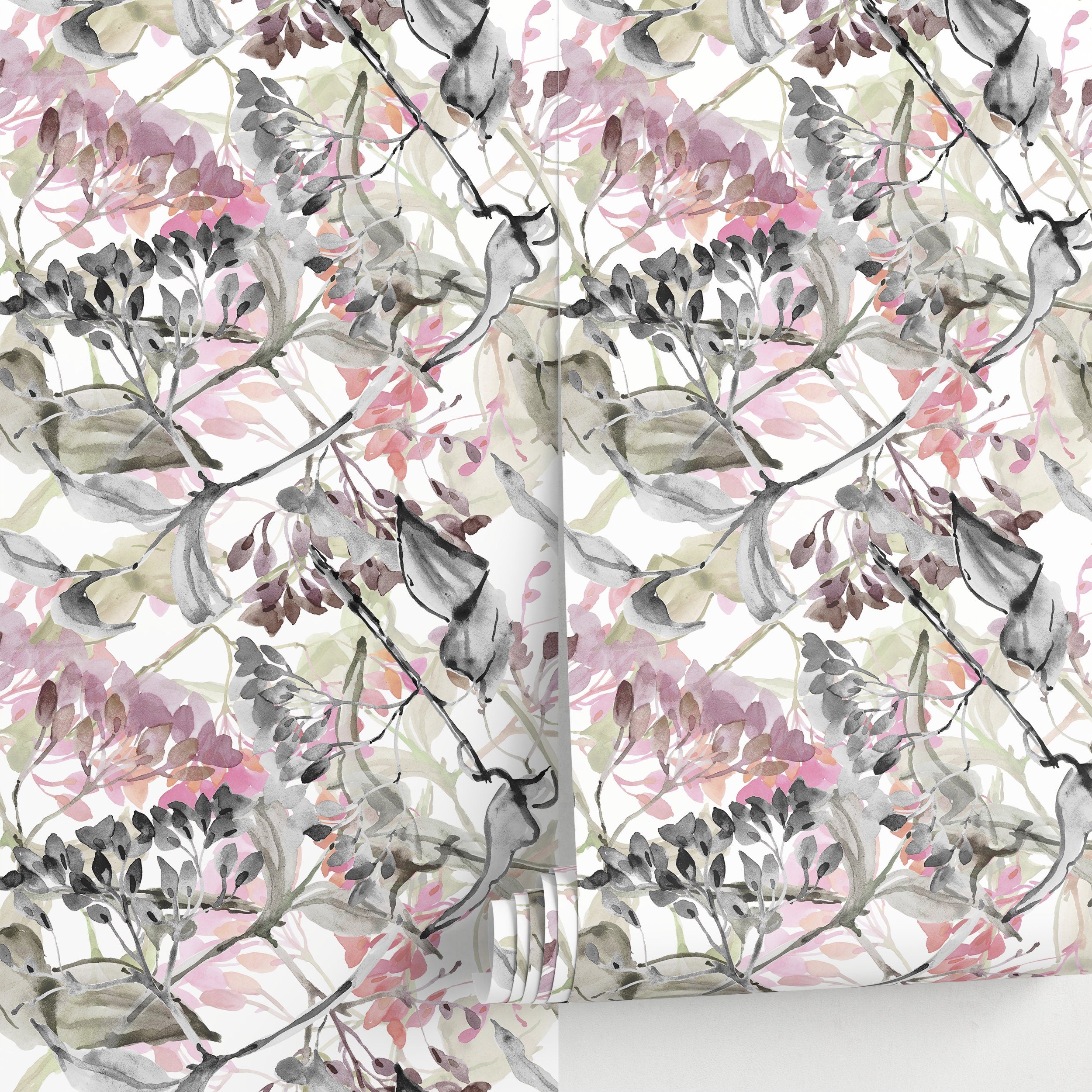 Botanical Wallpaper With An Abstract Watercolor Branch Motif In Pink, Black, And Green - A517