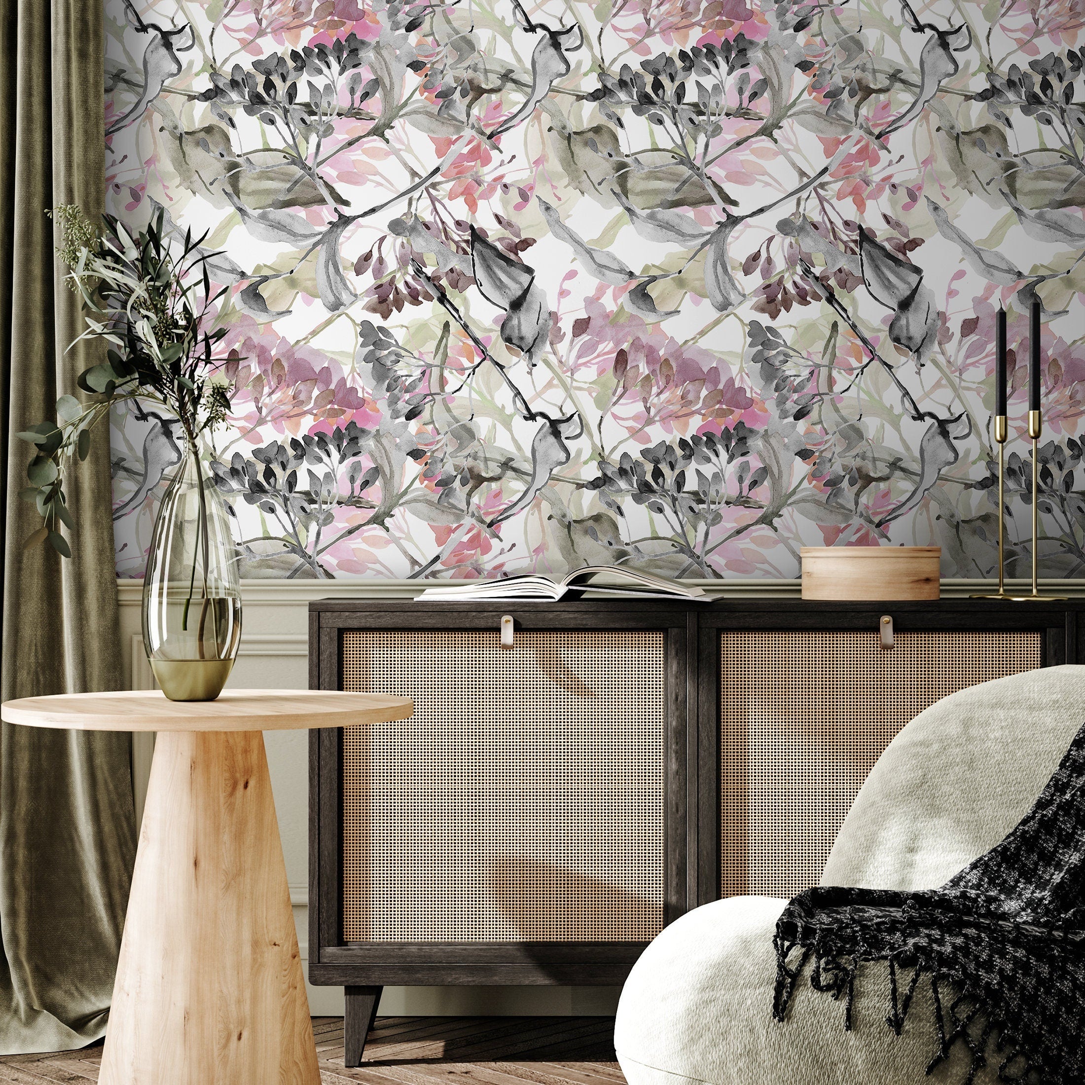 Botanical Wallpaper With An Abstract Watercolor Branch Motif In Pink, Black, And Green - A517