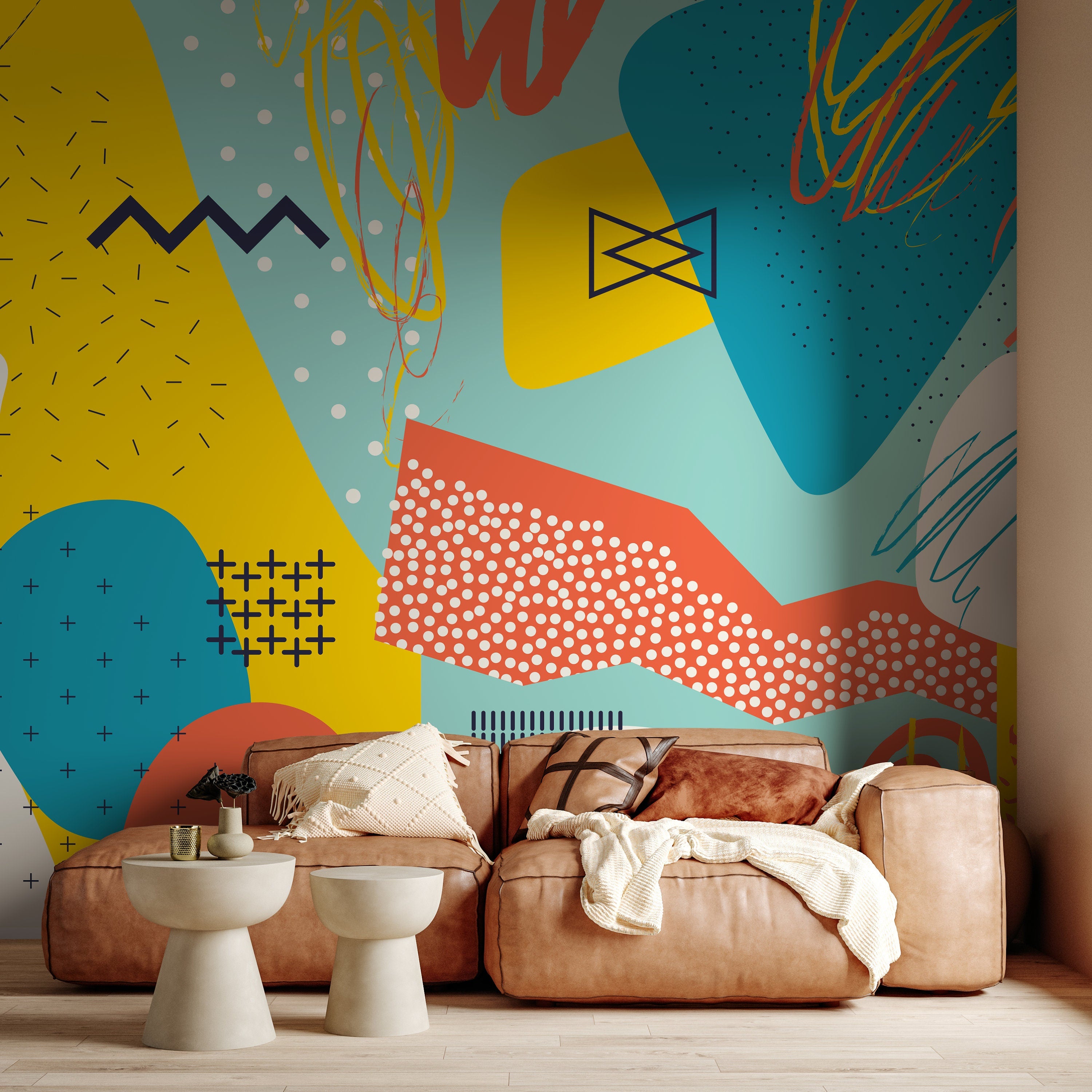 Abstract Wallpaper With Pop Art Motifs In Yellow, Teal, And Orange - A518
