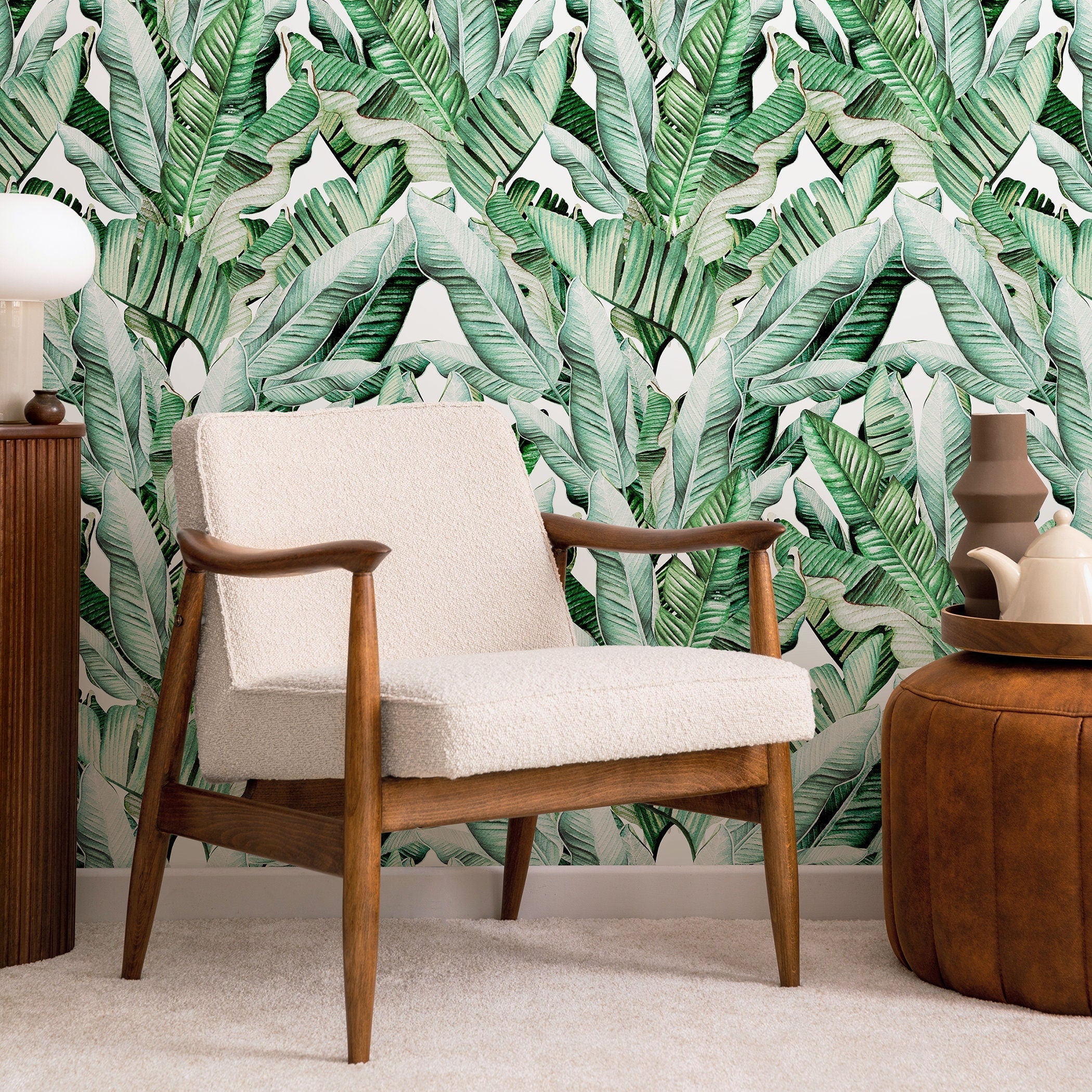 Tropical Wallpaper Featuring Lush Banana Leaves In Green - A527