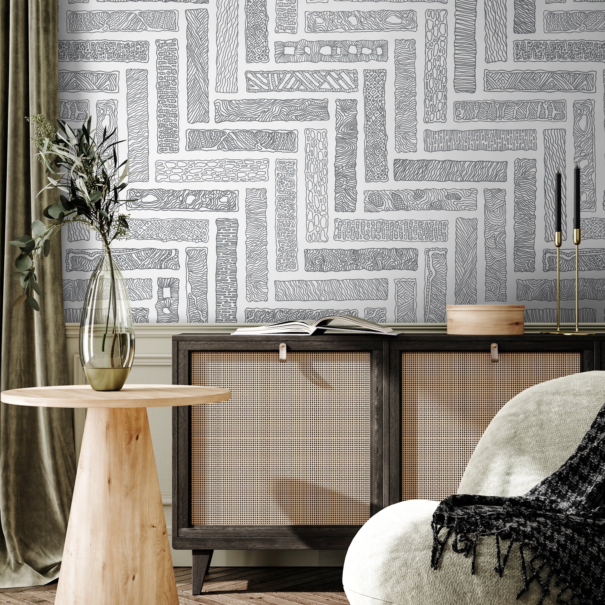 Abstract Wallpaper With Hand-drawn Textured Blocks In Black And White - A533