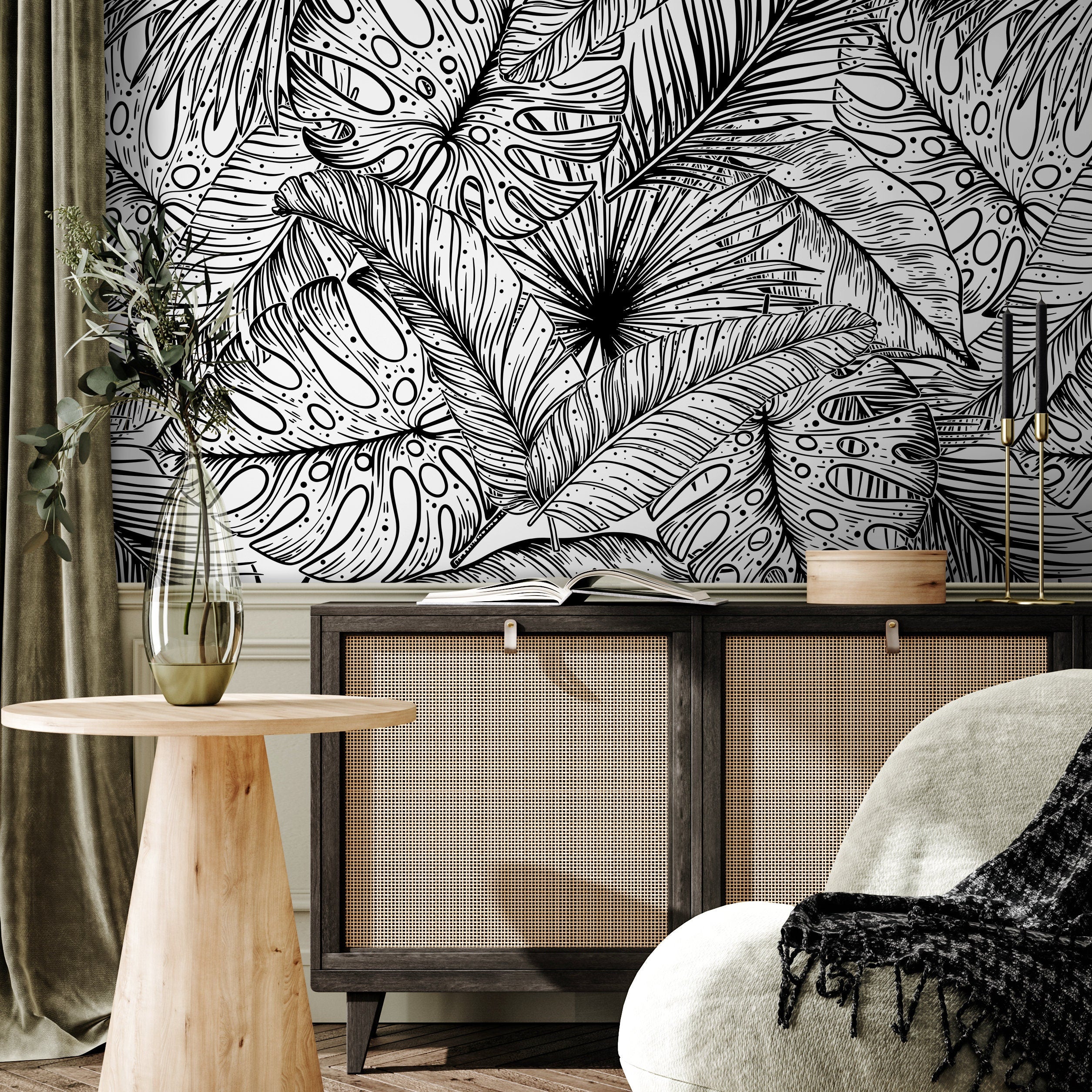 Tropical Wallpaper With An Intricate Line Art Leaf Motif In Black And White - A535
