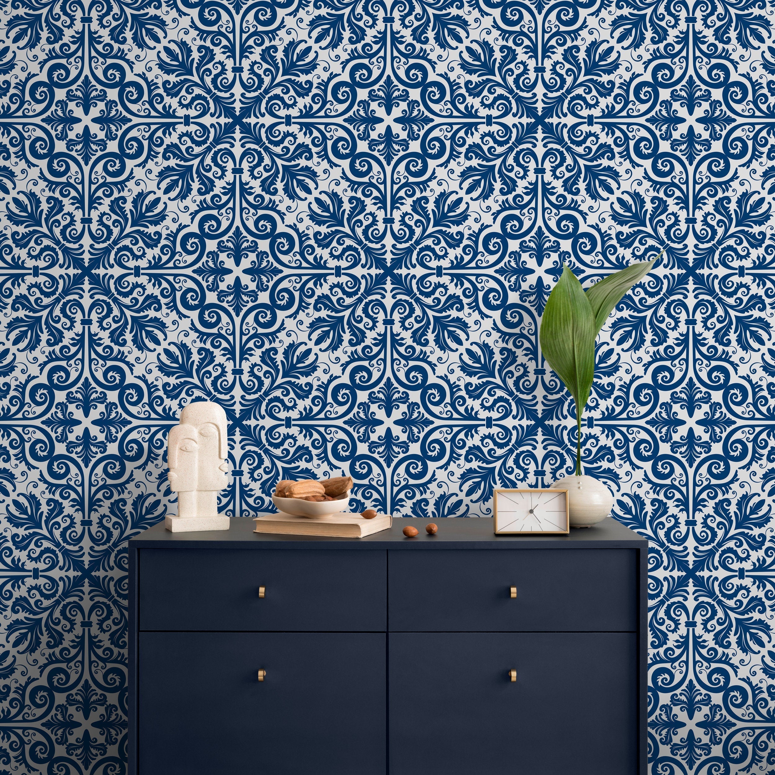 Tile Wallpaper With An Ornate Portuguese Azulejos Motif In Blue And White - A549