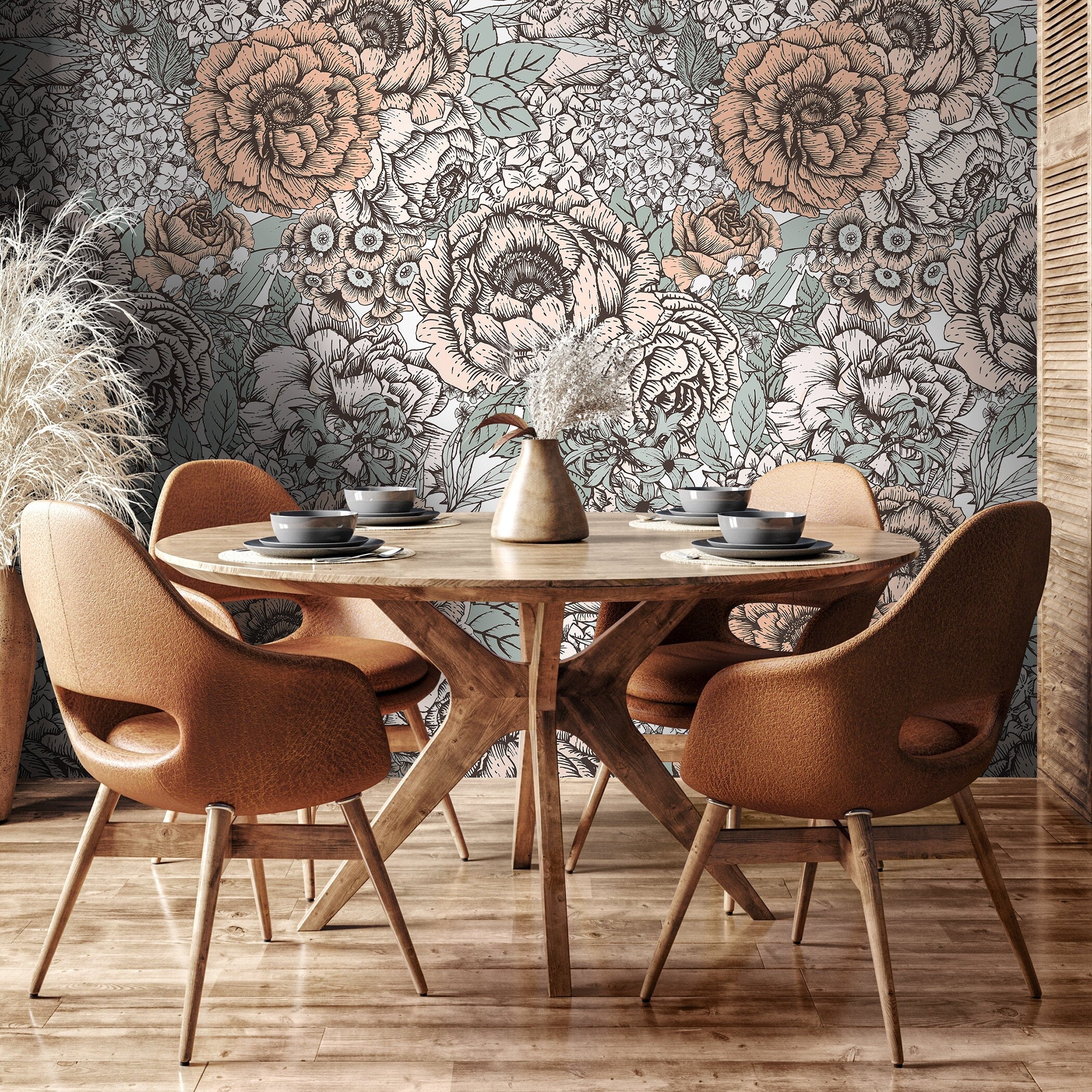 Floral Wallpaper With A Hand-drawn Collage In Blush Pink, Sage Green, And Black - A550