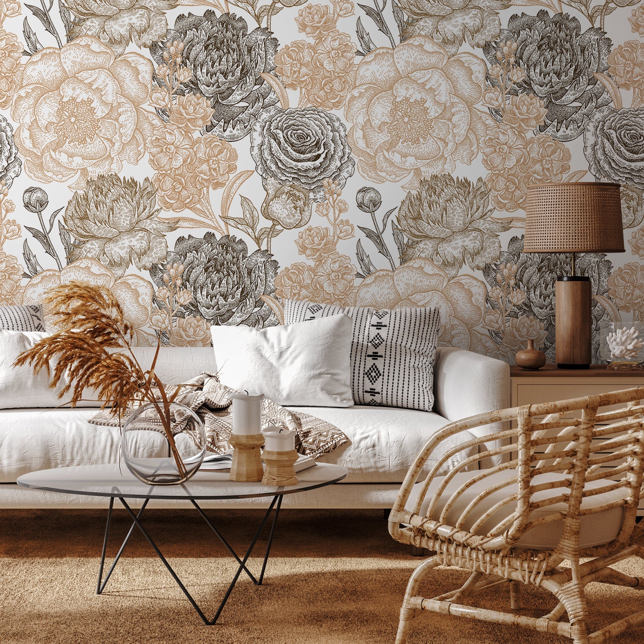 Floral Wallpaper With A Vintage Engraved Motif In Black And Gold - A551