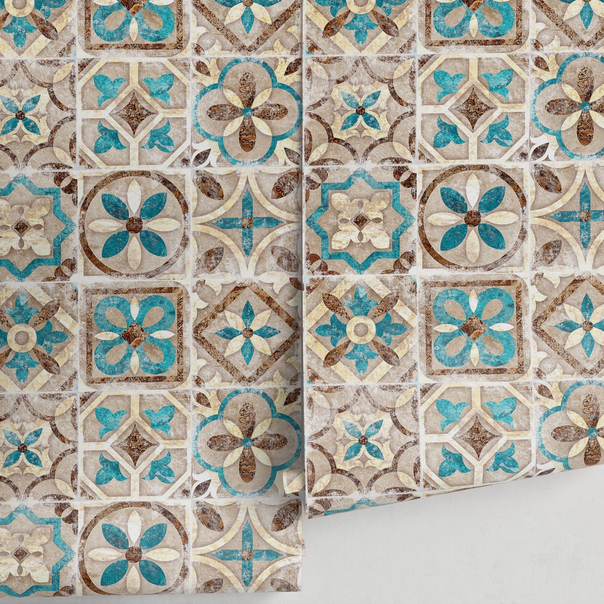 Tile Wallpaper With A Portuguese Motif In Teal, Brown, And Beige - A552