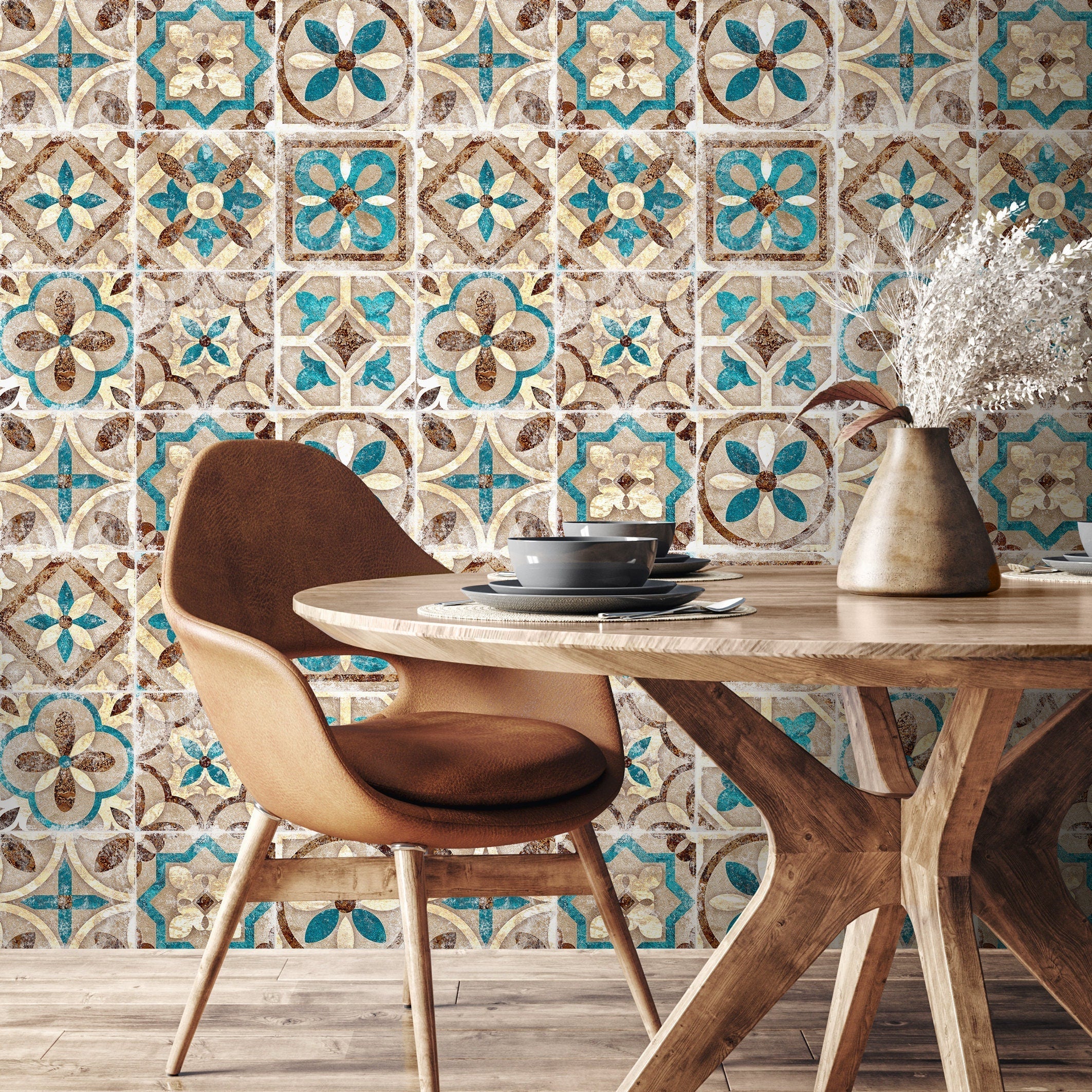Tile Wallpaper With A Portuguese Motif In Teal, Brown, And Beige - A552