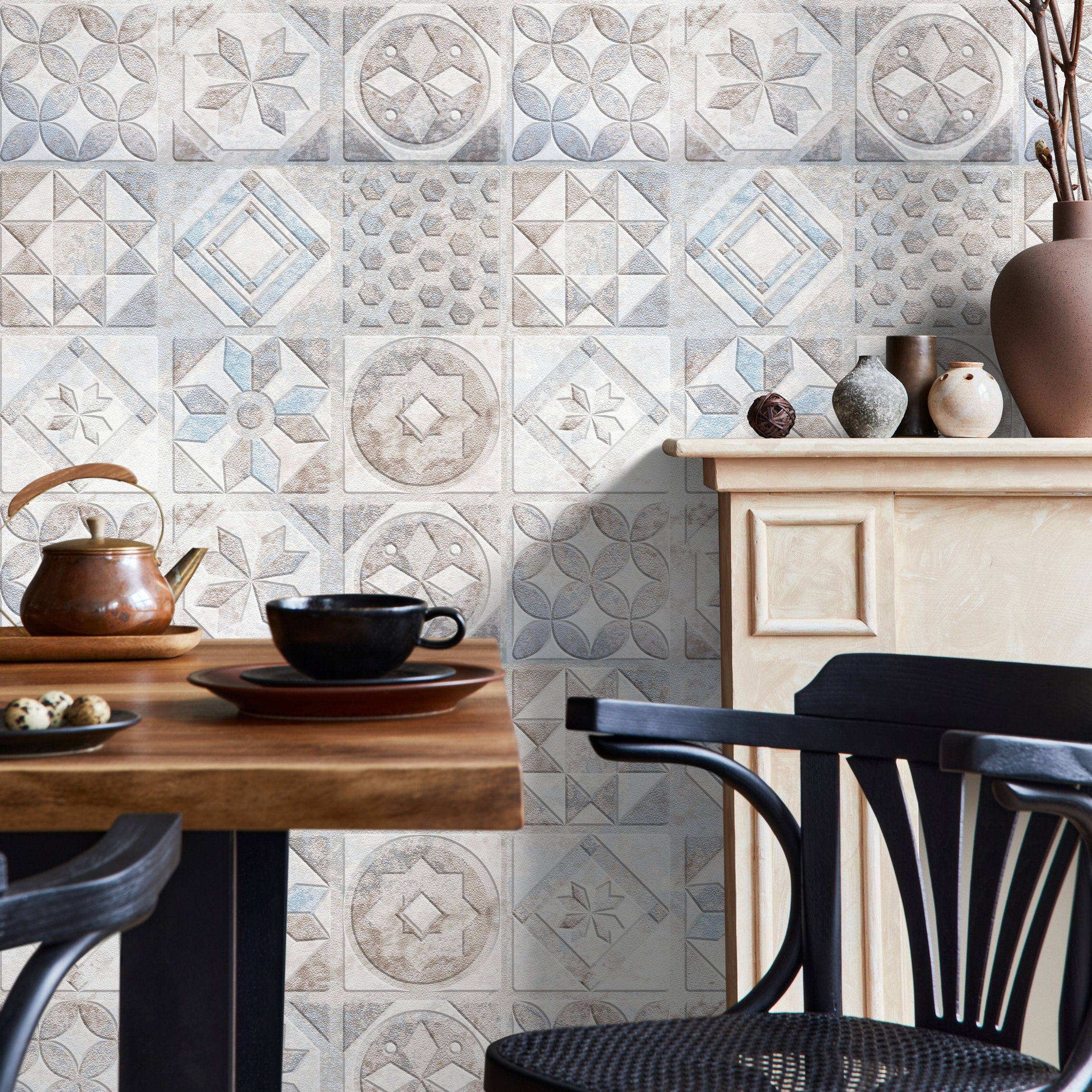 Tile Wallpaper With A Portuguese Azulejos Motif In Blue, Brown, And Gray - A556
