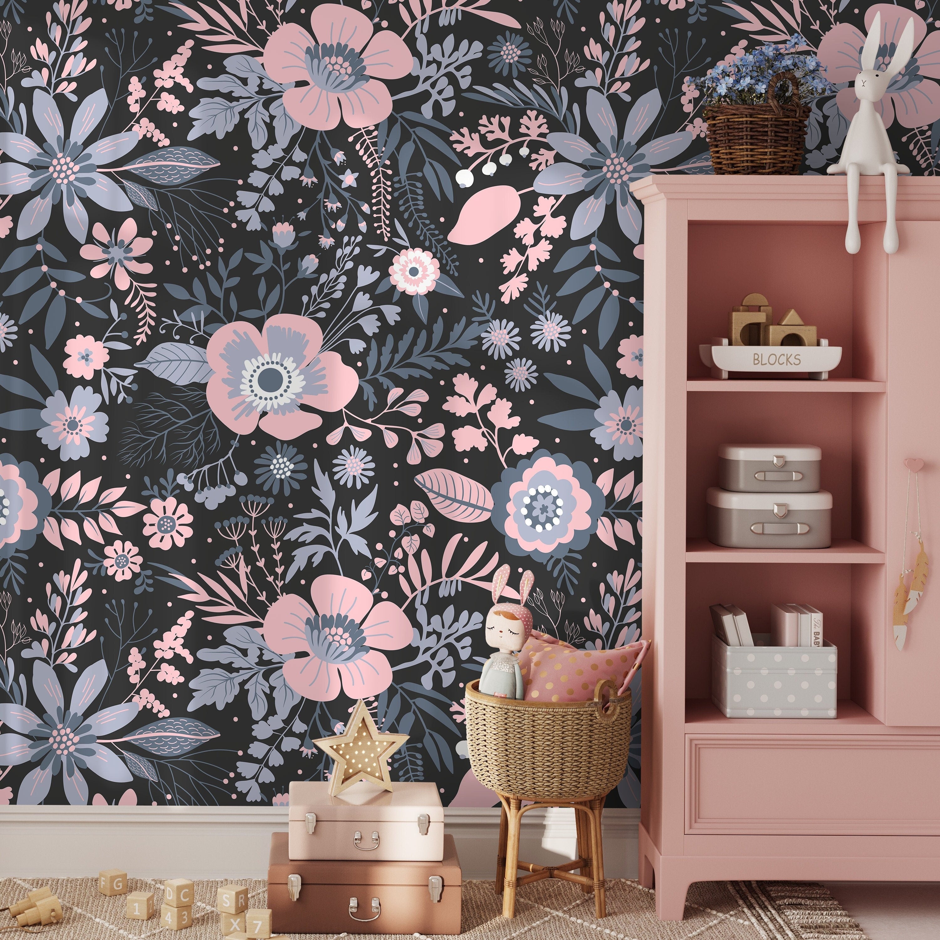 Floral Wallpaper With A Stylized Folk Motif In Pink, Blue, And Black - A560