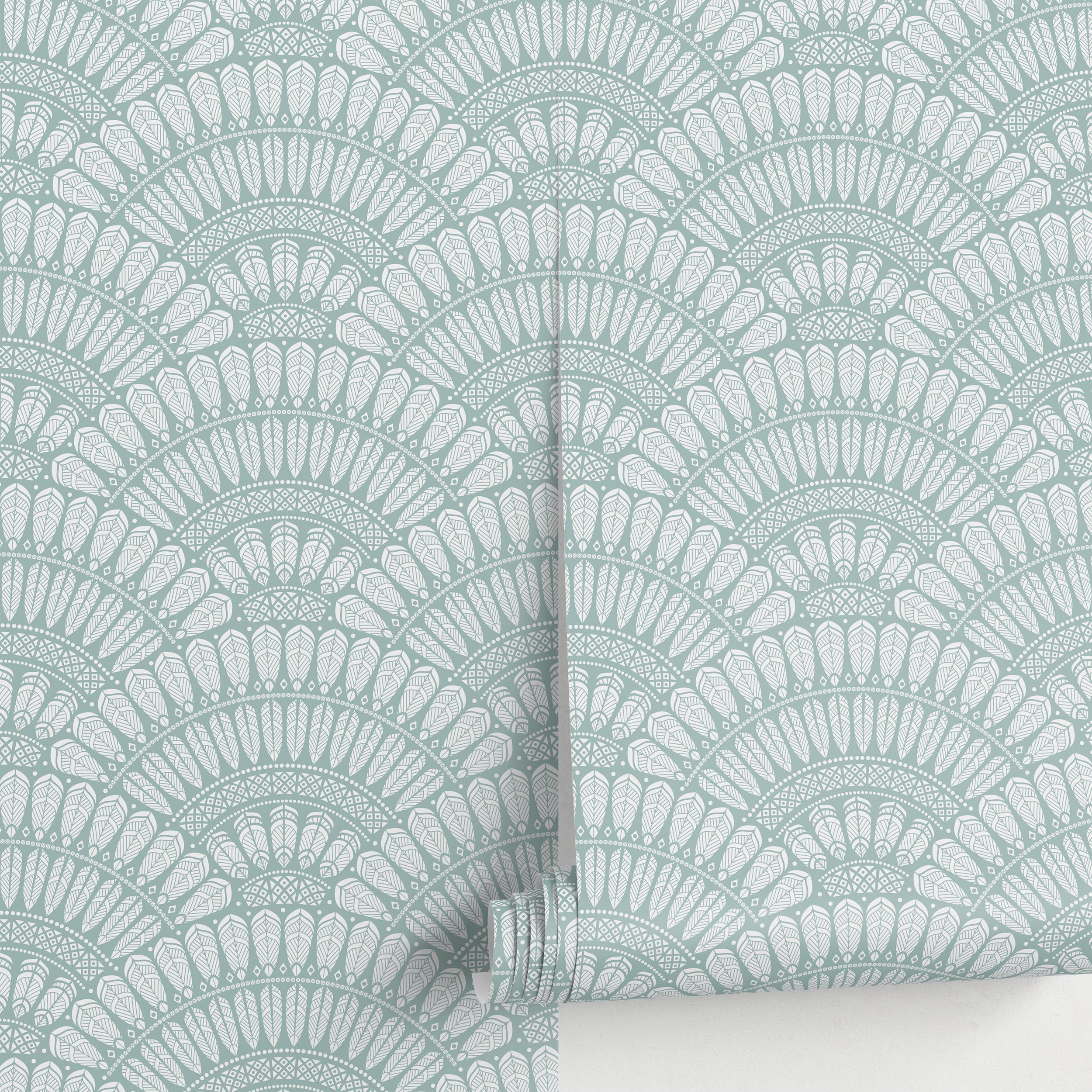 Art Deco Wallpaper With A Scalloped Feather Motif In Sage Green And White - A577