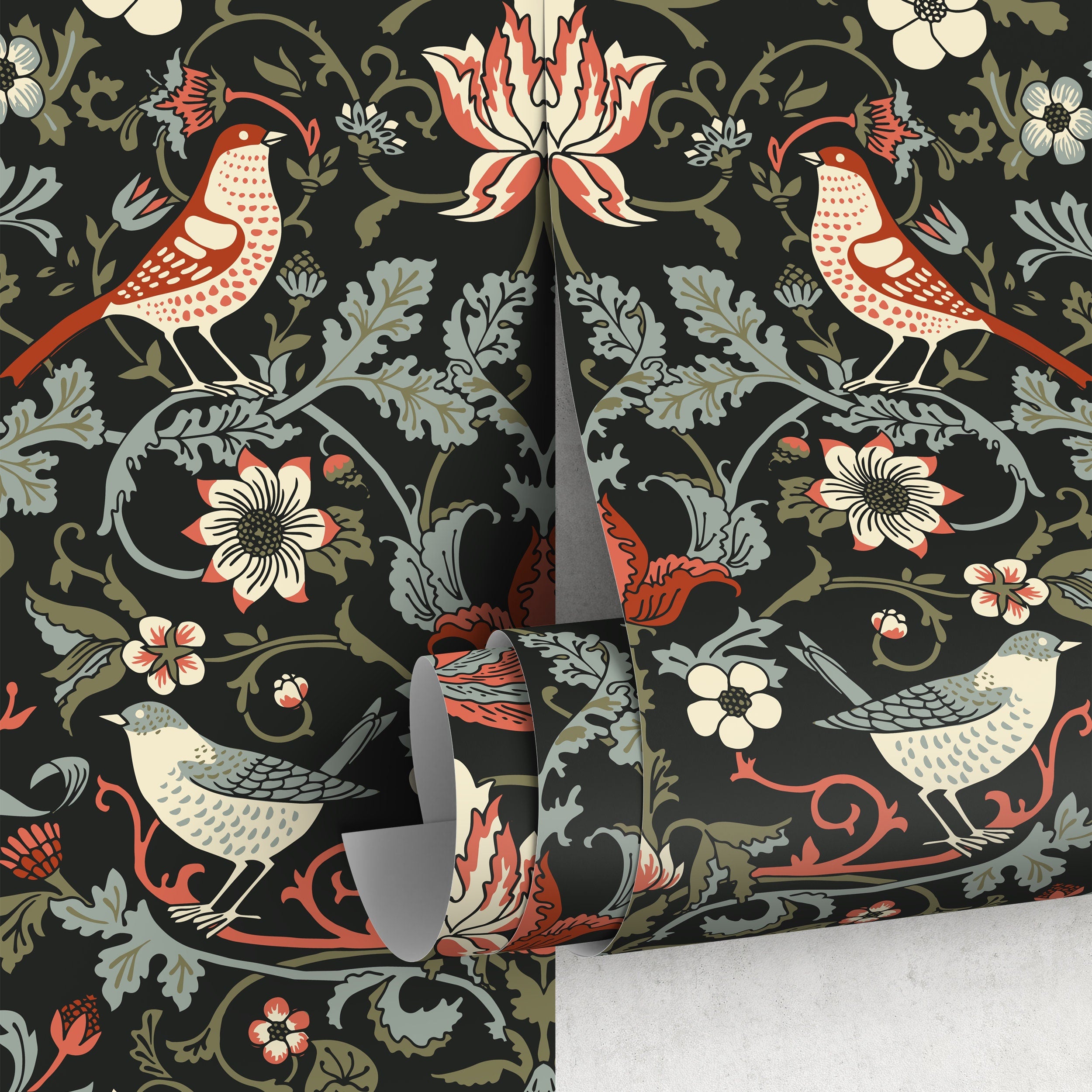 Art Nouveau Wallpaper With Birds And Florals In Red, Green, And Black - A578