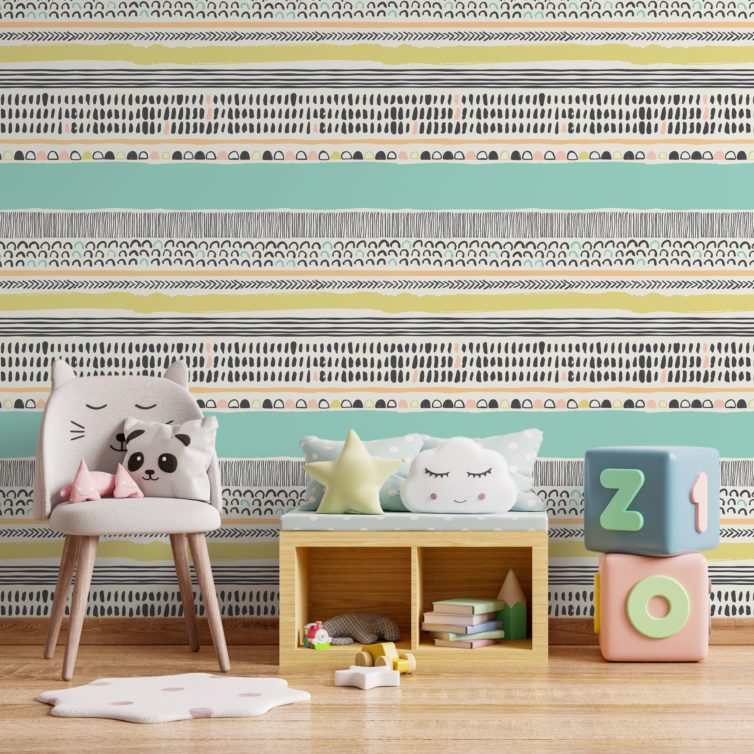 Abstract Wallpaper With Hand-drawn Stripes In Black, Mint, And Peach - A587