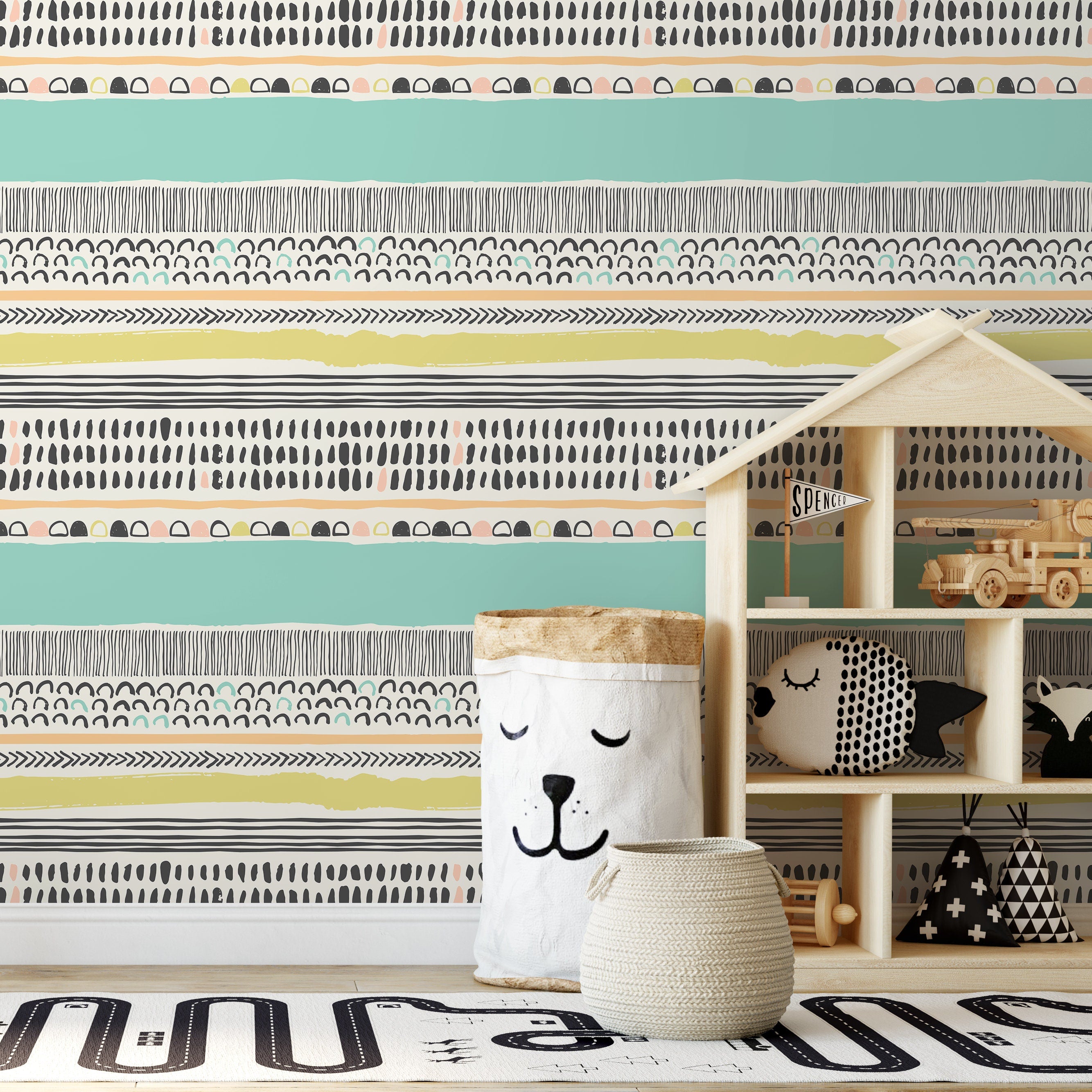 Abstract Wallpaper With Hand-drawn Stripes In Black, Mint, And Peach - A587