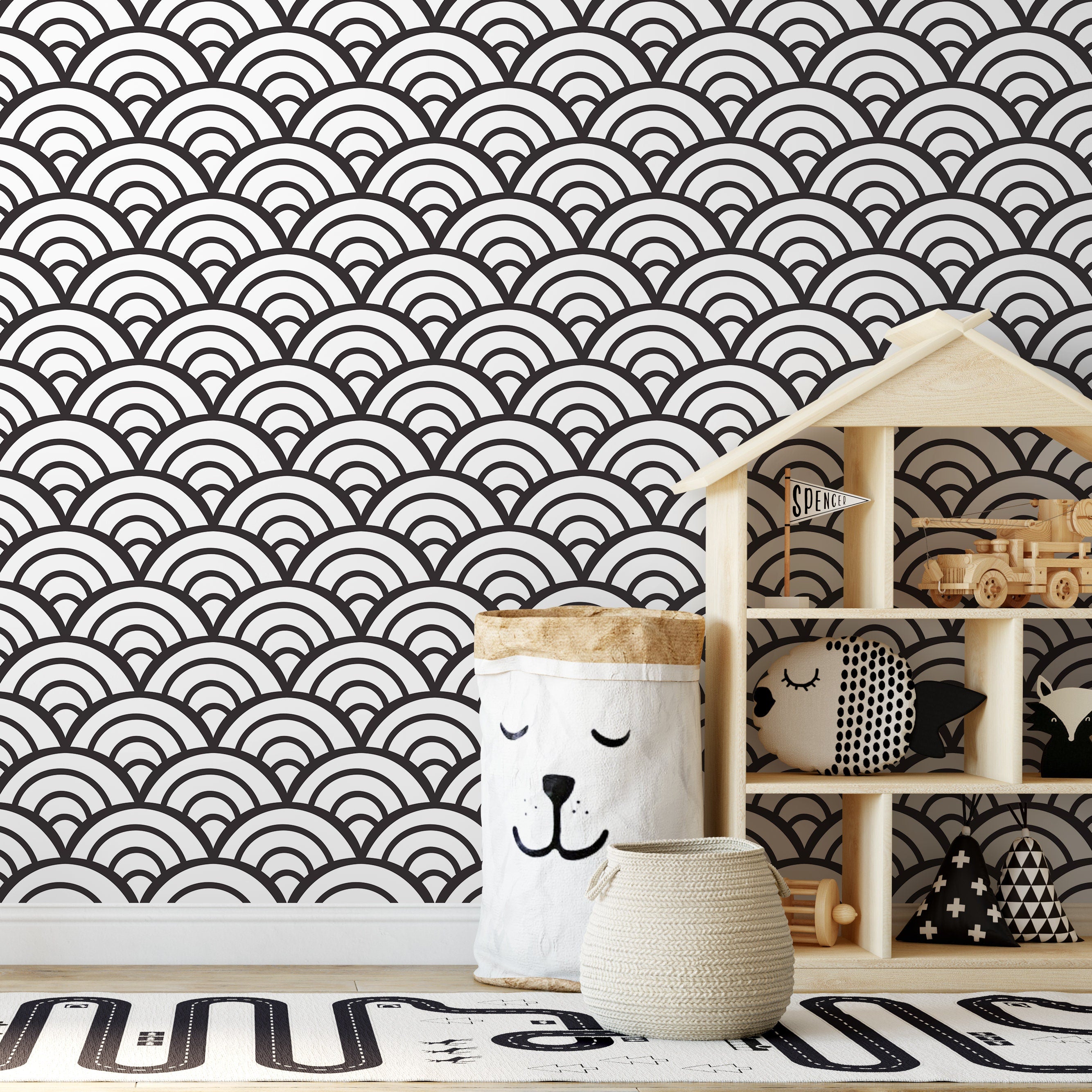 Geometric Wallpaper With A Japanese Wave Pattern In Black And White - A590