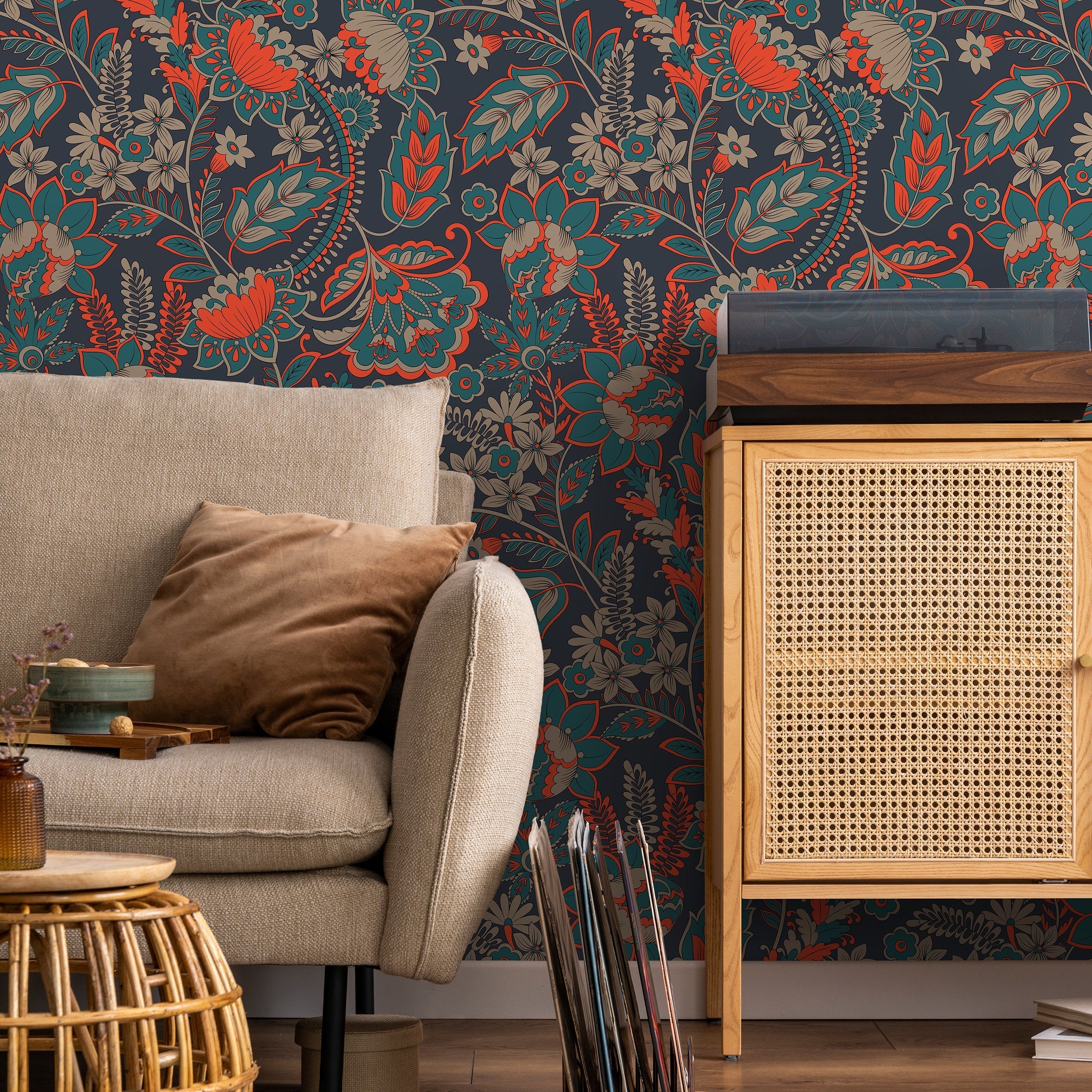 Floral Wallpaper With A Vintage Damask Motif In Orange And Teal - A625