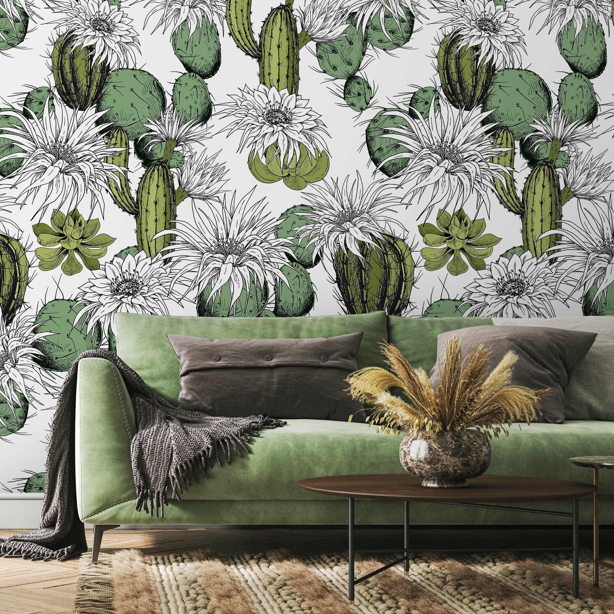 Botanical Wallpaper With Hand-drawn Cacti In Green And Black - A753