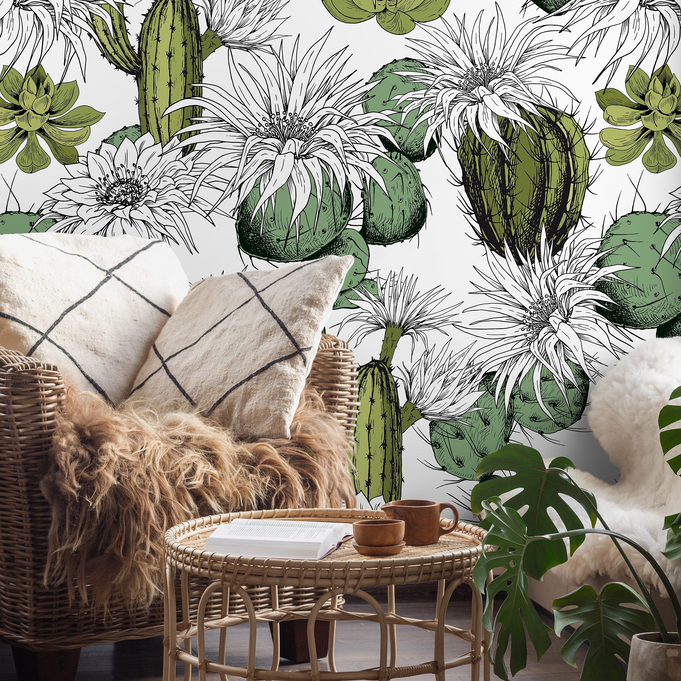 Botanical Wallpaper With Hand-drawn Cacti In Green And Black - A753