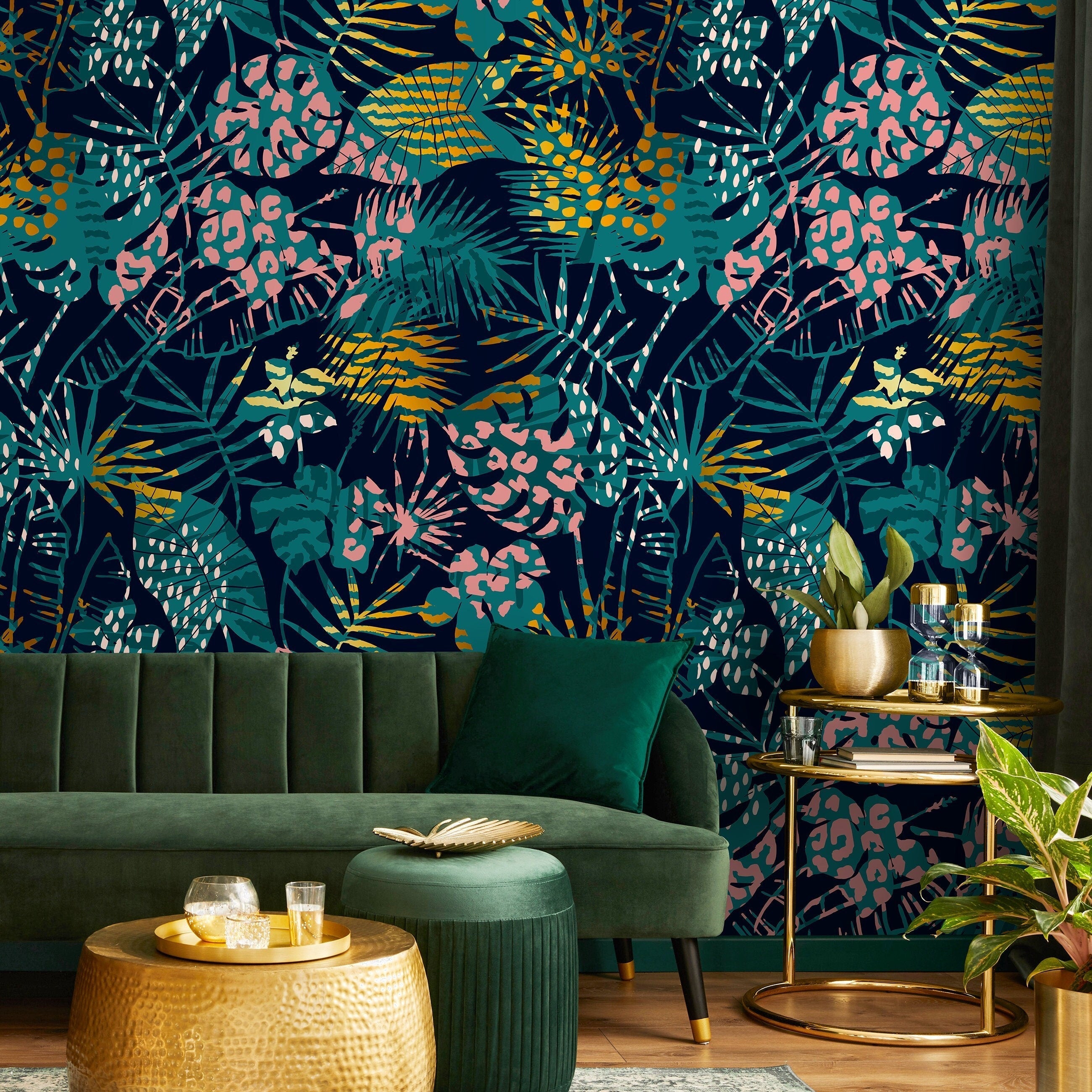 Tropical Wallpaper With Animal Print Leaves In Teal, Pink, And Gold - A782