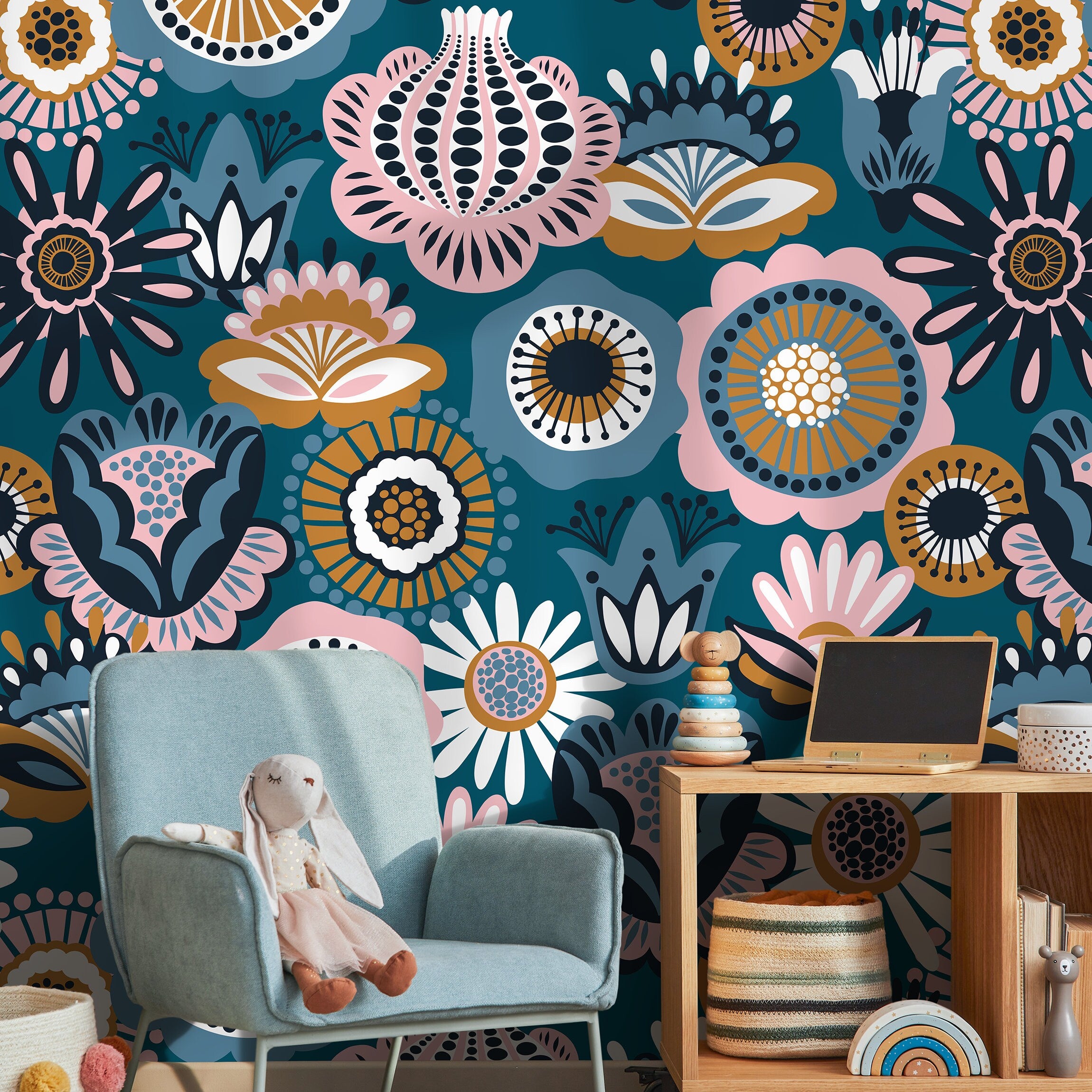 Floral Wallpaper With A Scandinavian Folk Art Motif In Teal, Pink, And Ochre - A785