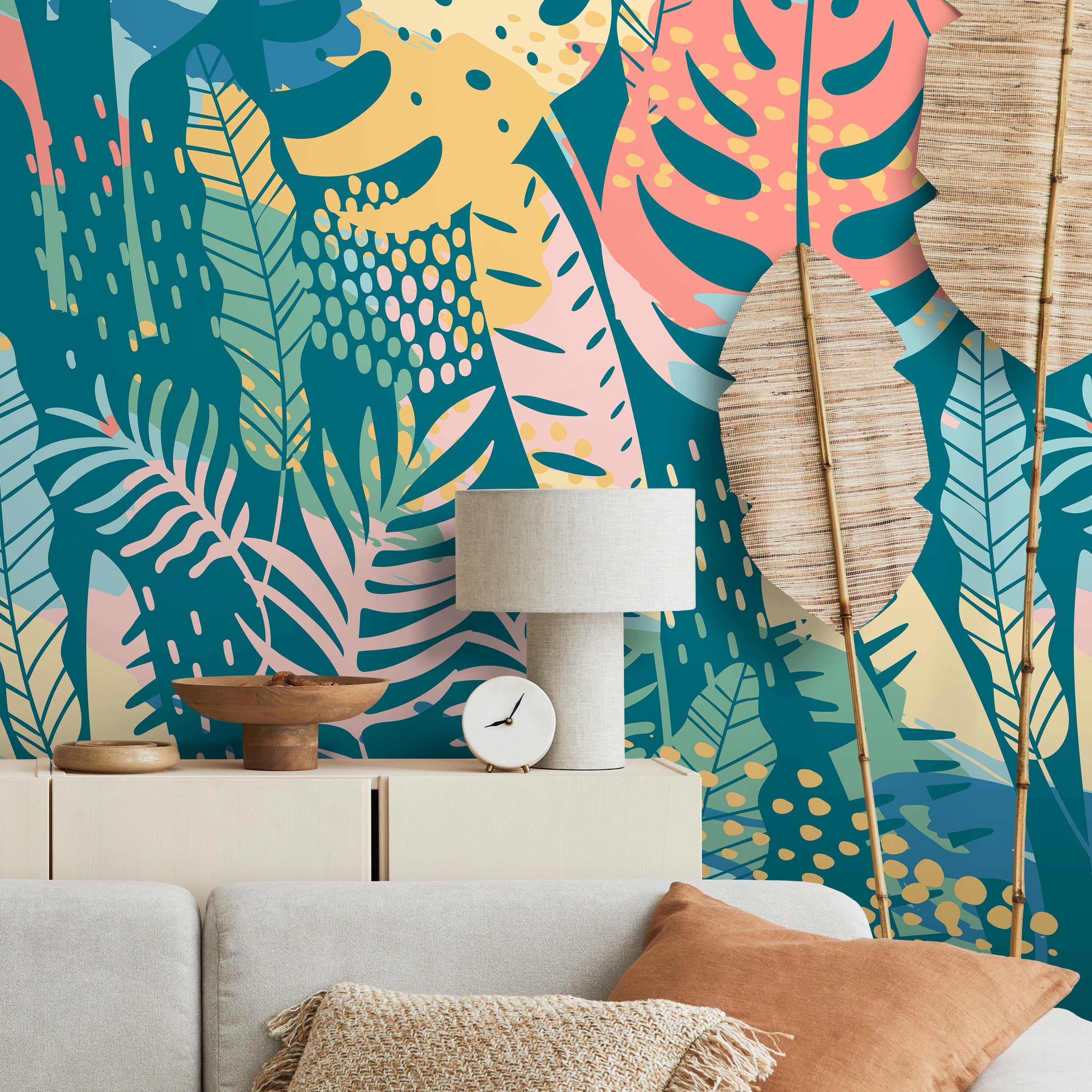 Botanical Wallpaper With Abstract Tropical Leaves In Teal, Pink, And Yellow - A787
