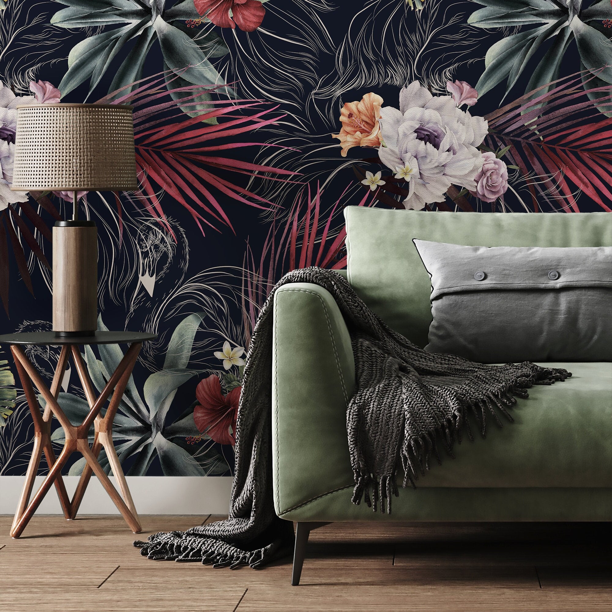 Tropical Wallpaper With Exotic Flowers And Palm Leaves In Red, Green, And Purple - A839